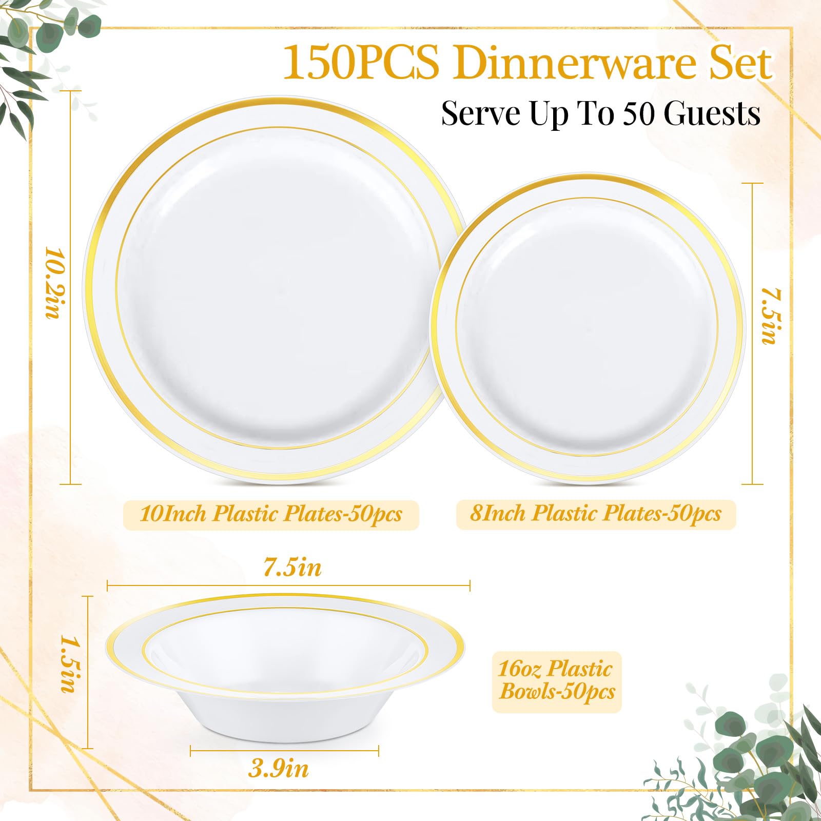 Havawish 150 Piece White & Gold Plates & Bowls -2