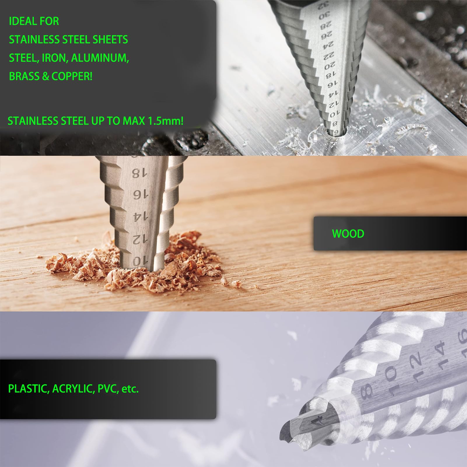 Set 3 Punte A Gradino HSS In Titanio - Per Legno, Metallo E Plastica, Dimensioni 4-12/20/32 Mm - Foto 2