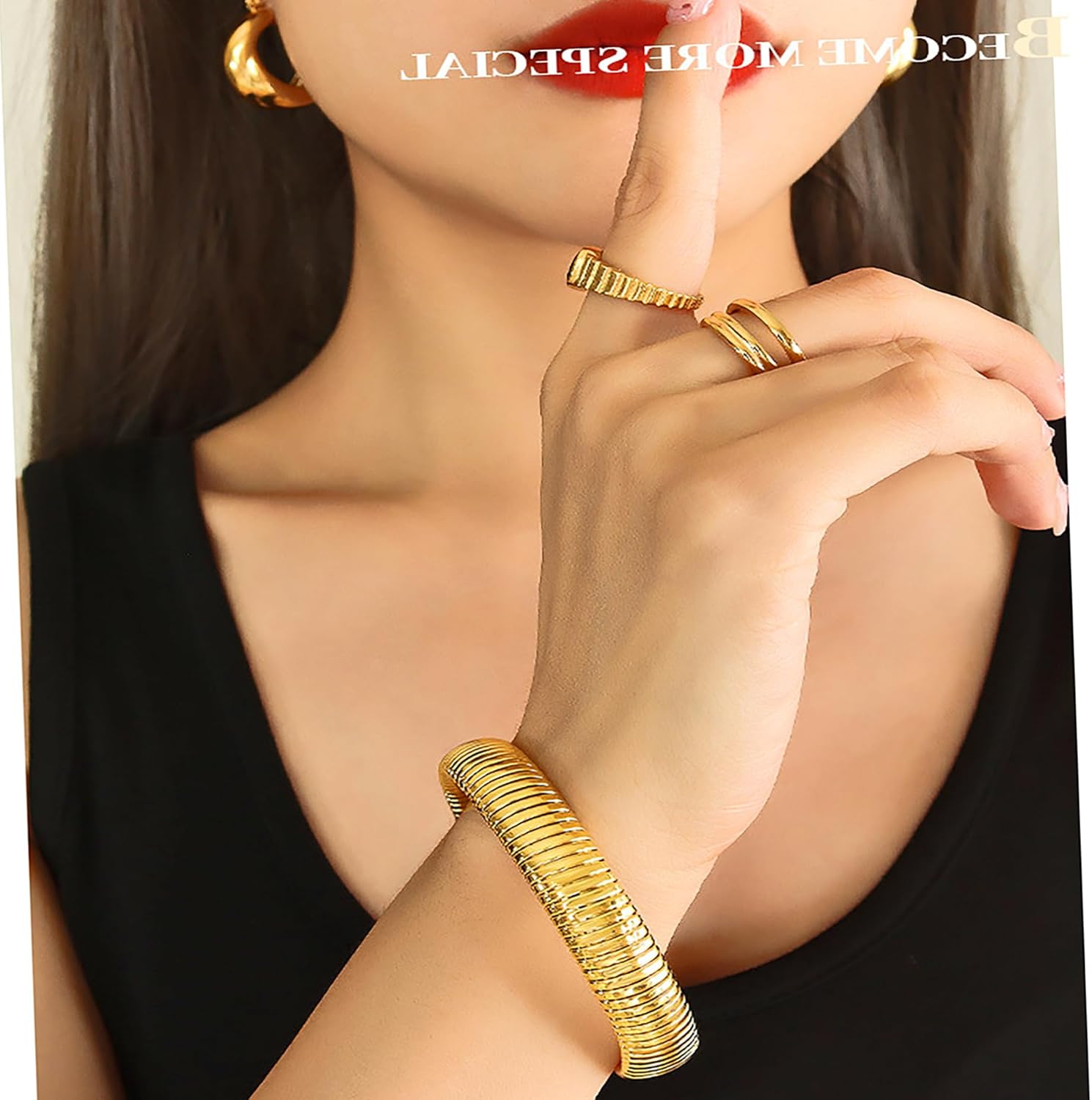 Gold Bangles, Chunky Stretch Bracelets, Gold, 14K Gold Plated Stainless Steel, Women's, Designer Look Alike Jewelry, Adult, Medium, 10 grams, 2 inches - Image 2