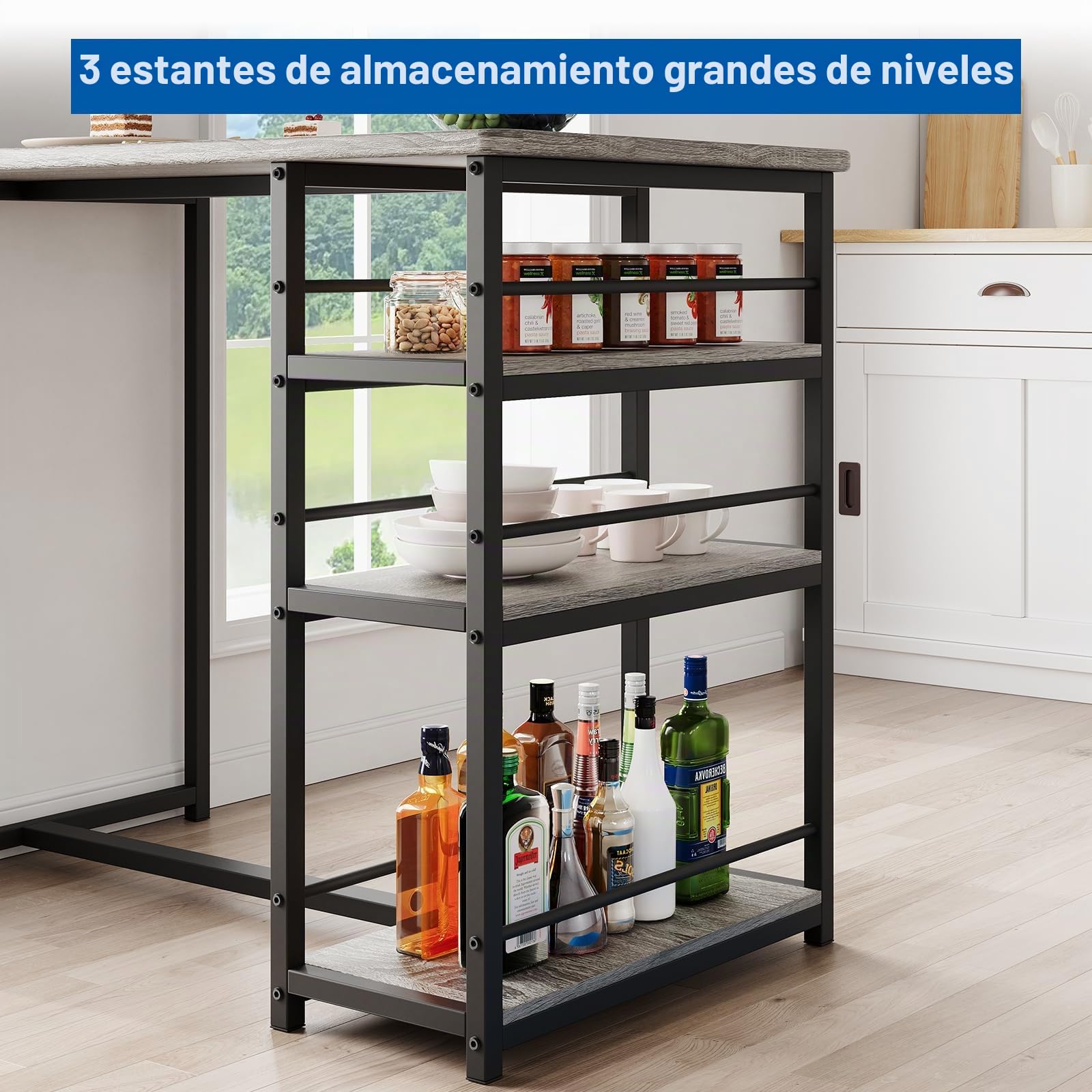 Zstar Juego De Mesa De Comedor para 2, Sillas Tapizadas, Juego De Mesa De Bar De 3 Piezas con Estante de Almacenamiento de 3 Niveles， para Espacios Pequeños, Apartamentos y Estudios, Gris