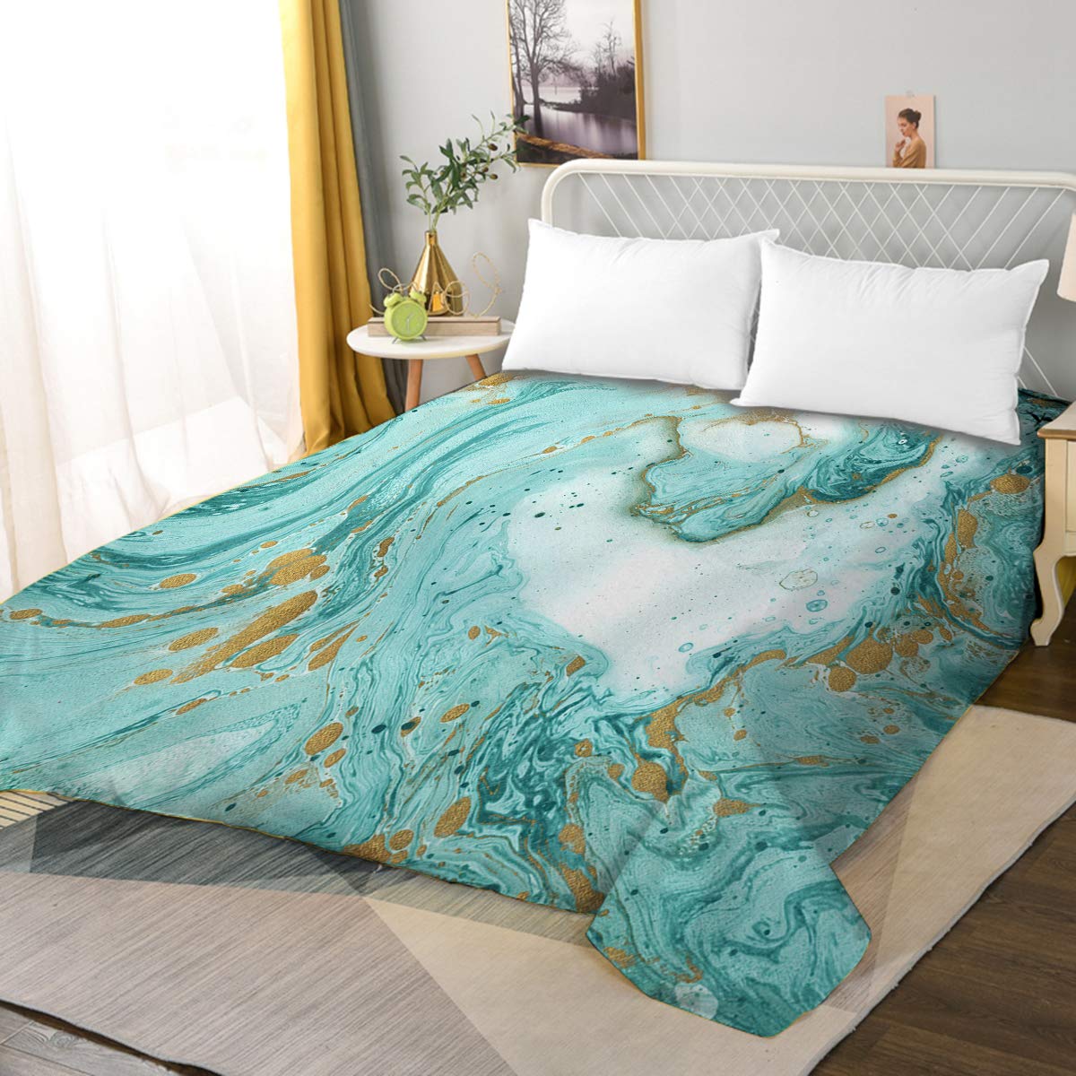BlessLiving Turquoise Marble Flat Sheet - Breathable, Extra Soft Microfiber 1800 Bedding Top Sheet - Wrinkle, Fade, Stain Resistant - 1-Piece Flat Sheet Only (Twin, Faux Foil Green White Marble)