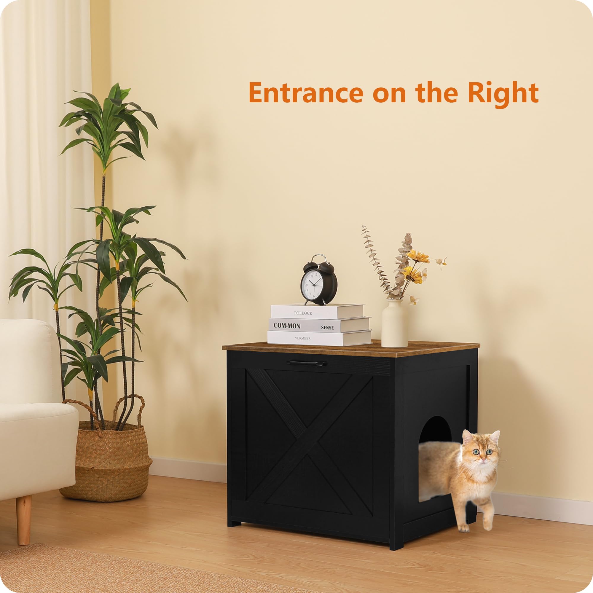dwanton cat litter box furniture hidden, cat litter box enclosure, reversible entrance can be on left or right side, indoor cabinet, wooden washroom, nightstand, black and warm brown, 23.6" l
