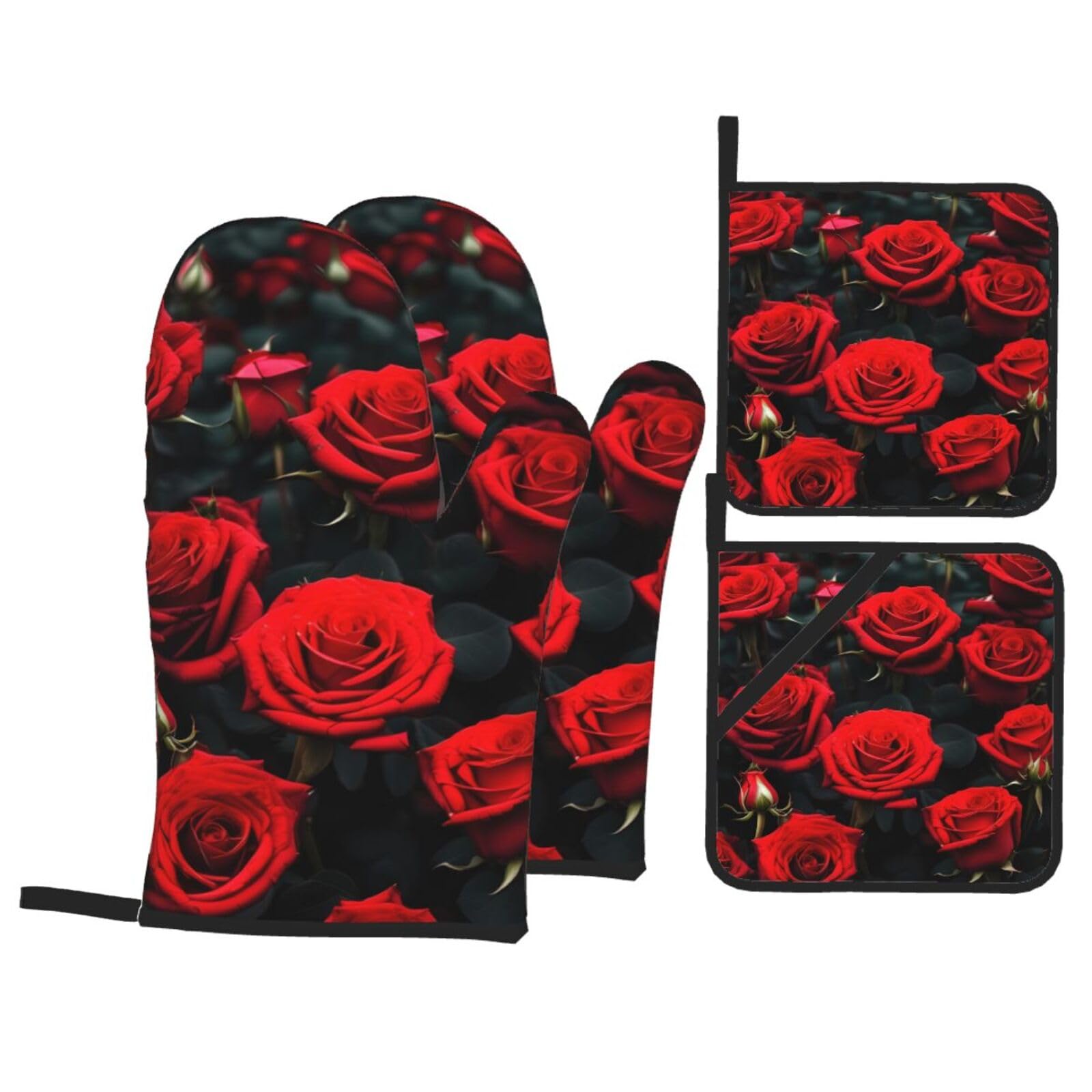 Nimongt Black Many Red Rose Print Heat-Resistant 4-Piece Oven Kitchen Gloves For Baking Cooking Microwaving Essentials