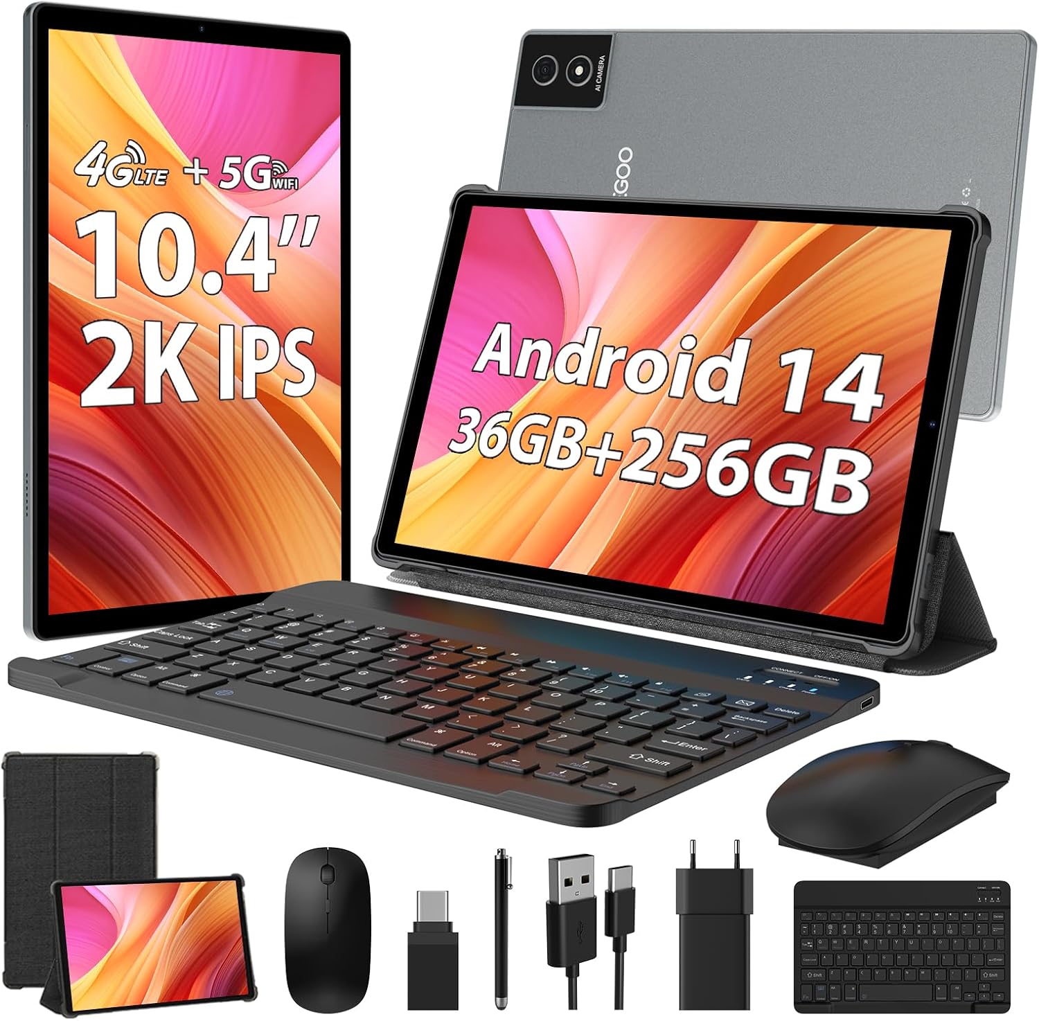 10.4 Pouces Tablette Android 15, 5G WiFi, 36GB RAM+256GB ROM