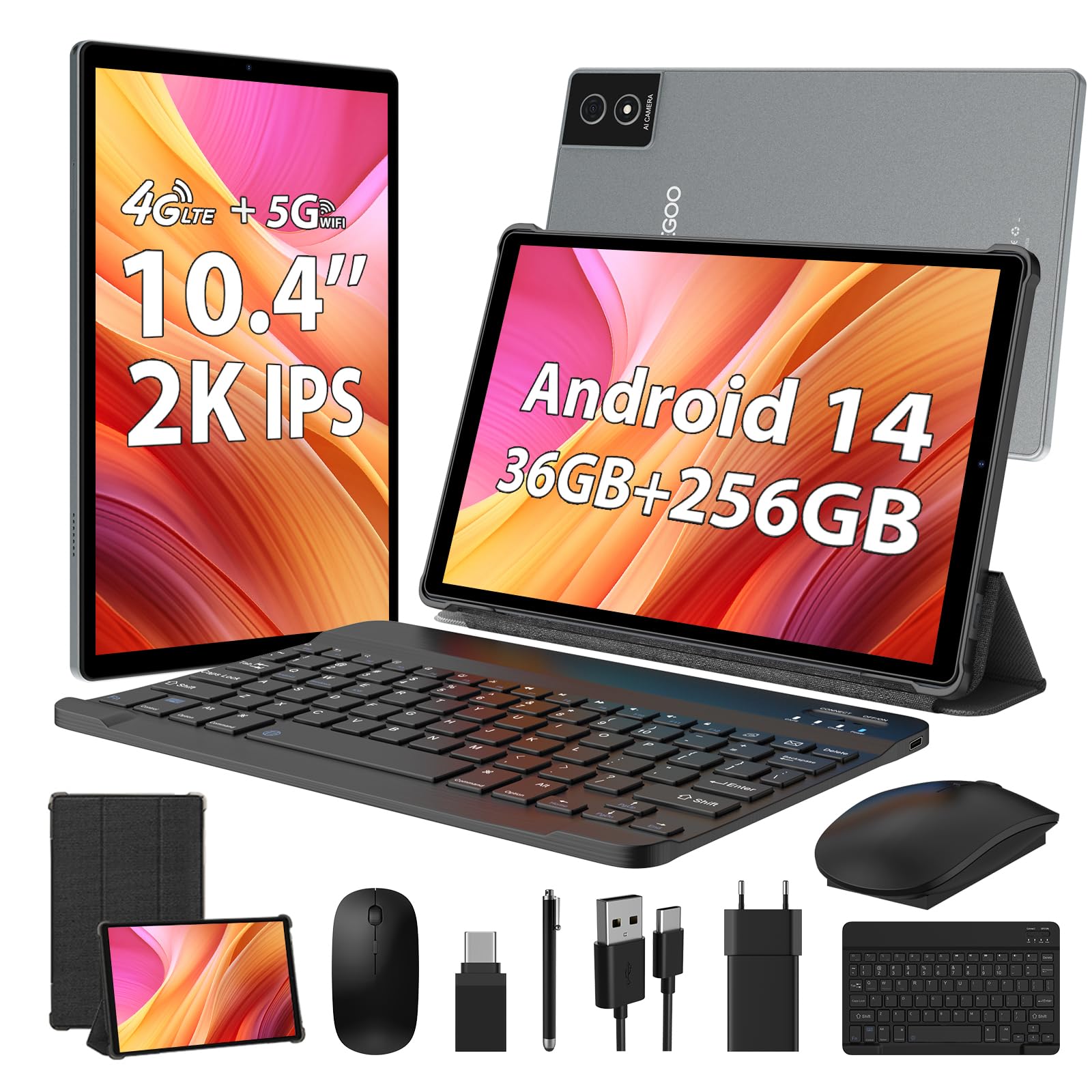 WOREGOO 2K Tablet 10.4 Pollici Android 14, 4G LTE+5G WiFi, 36GB RAM+256GB ROM(TF 1TB), Octa-Core 2.0Ghz, 2000 * 1200/Face ID/8000mAh/OTG/8MP+13MP/BT5.0/GPS/GMS, Tablet con Tastiera e Mouse, Grigio