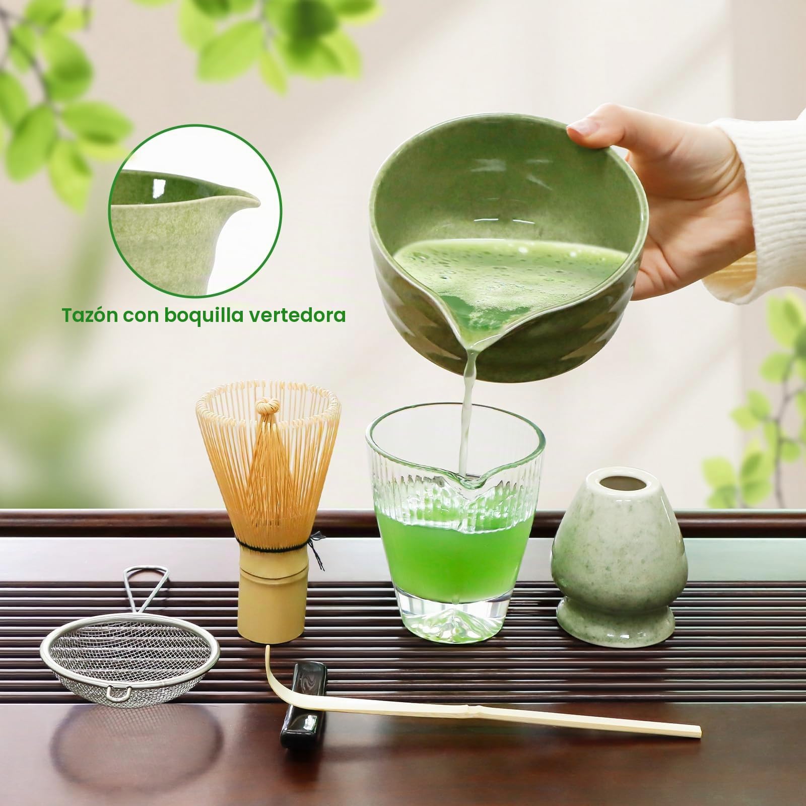Kit de Ceremonia Japonesa del Matcha de 7 piezas, Batidora de Matcha de Bambú, Cuenco de Matcha, Cuchara, Colador, Portacucharas, Soporte para la Batidora, Juego Completo de Matcha, Verde jaspeado