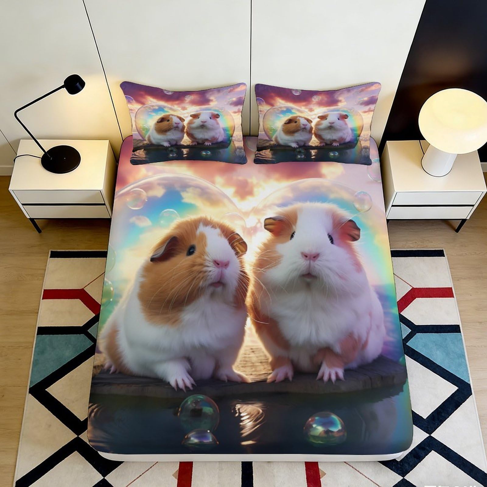 3D Printed Guinea Pig Sunset Fitted Sheet Microfiber Soft Anti-Slip Mattress Cover Bedroom Dorm Decor Easy Care 160x200x25cm