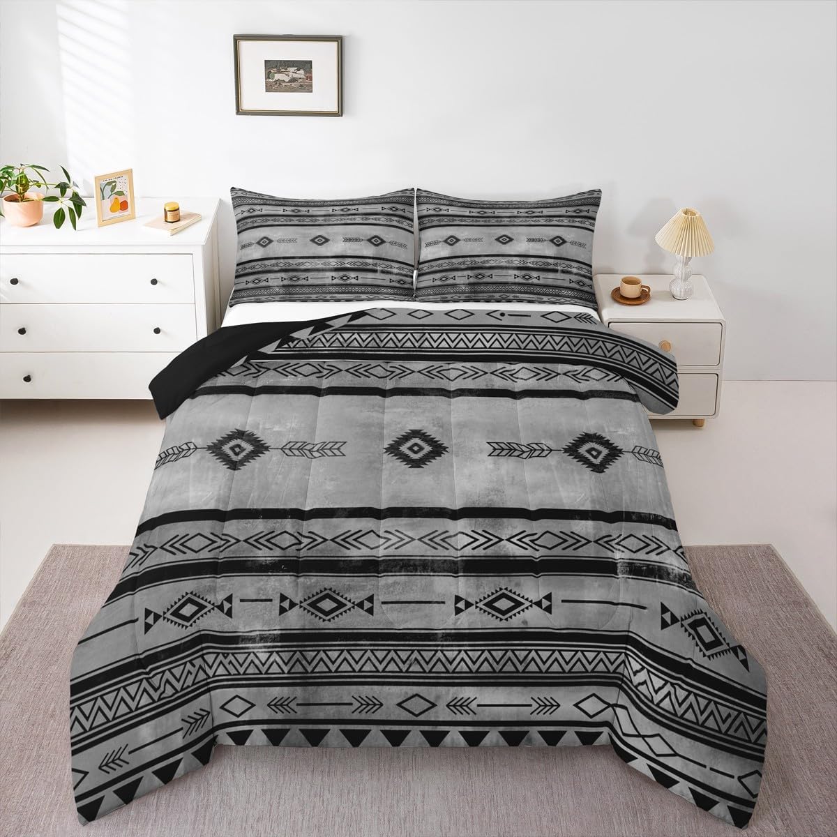 jejeloiu Southwestern Bedding Set King Size Geometric Comforter Set for Kids Boys Tribal Comforter Native American Design Grey Black Duvet Set Bedroom Quilt Set