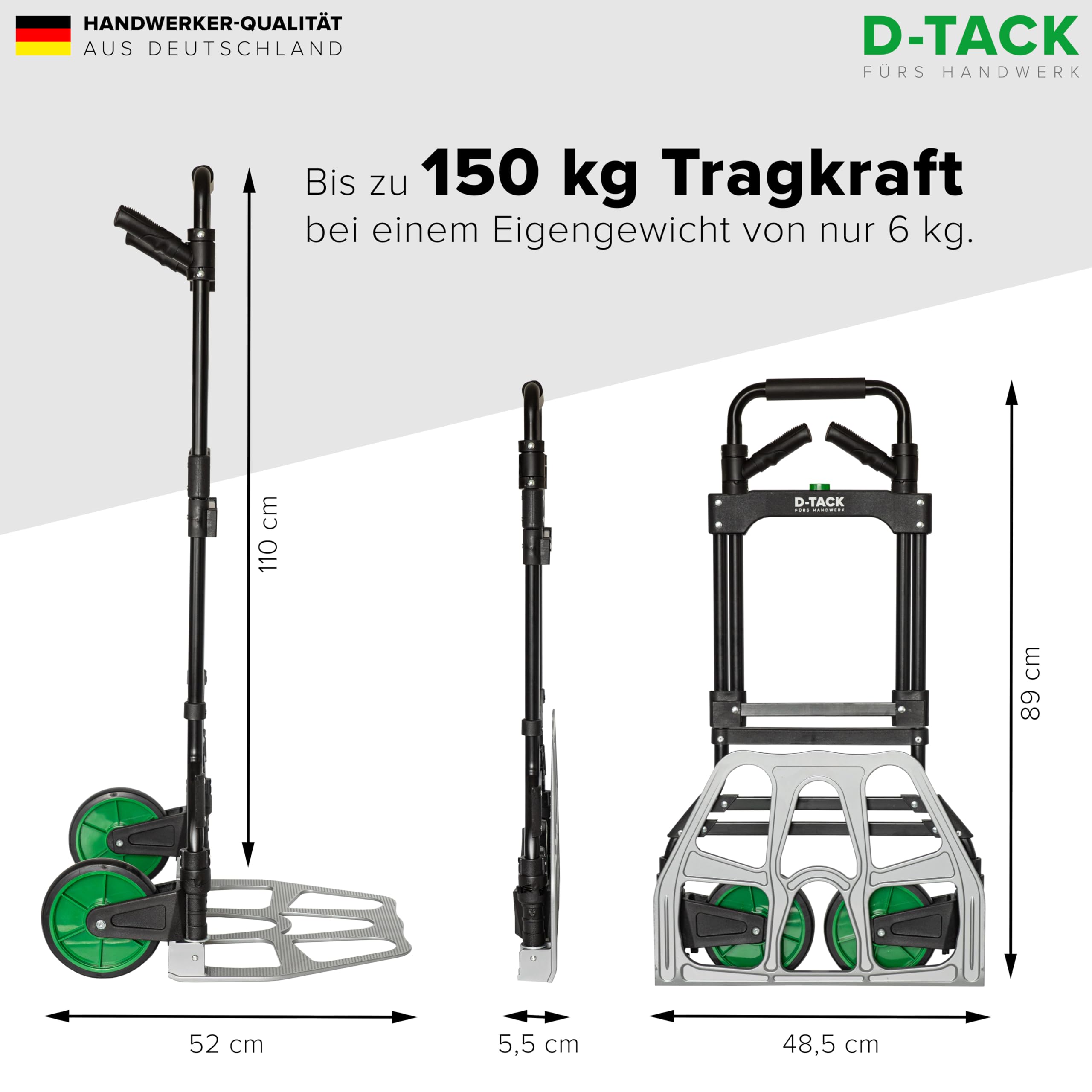 D-TACK Sackkarre aus Aluminium-Stahl | Traglast 150 kg | Teleskopgriff 110 cm | Mit 2 gummiummantelten, einklappbaren Rädern | Klappbare Transportkarre | Hochwertige Handkarre
