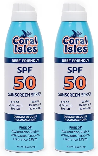 Coral Isles SPF 50 Sunscreen Spray - Hawaii Compliant - Oxybenzone & Octinoxate Free - Broad Spectrum - Water Resistant, 6 Fl Oz (Pack of 2)