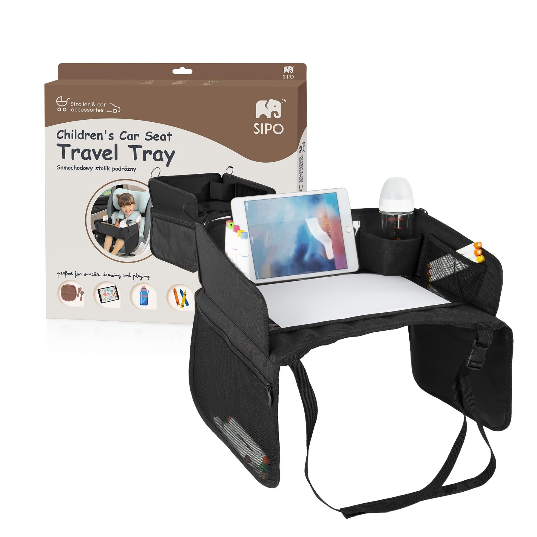 SIPO Reise-Tablett für Kindersitze – Klapptablett mit Trockenlöschfläche, Tablet-Halter (bis 11″), Getränkehalter & Taschen – faltbar, leicht, universell – Schwarz
