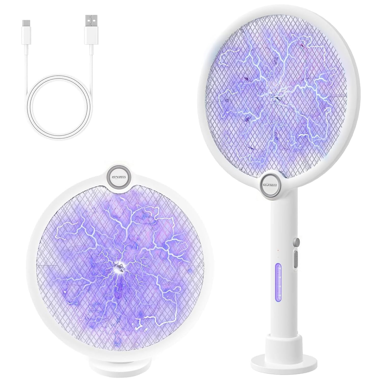 Glückluz 2-in-1 Mosquito USB Rechargeable Zapper, 1800mAh Foldable Bug Zapper Racket, 3800V Fly Killer Swatter and Mosquito Lamp (1 White)