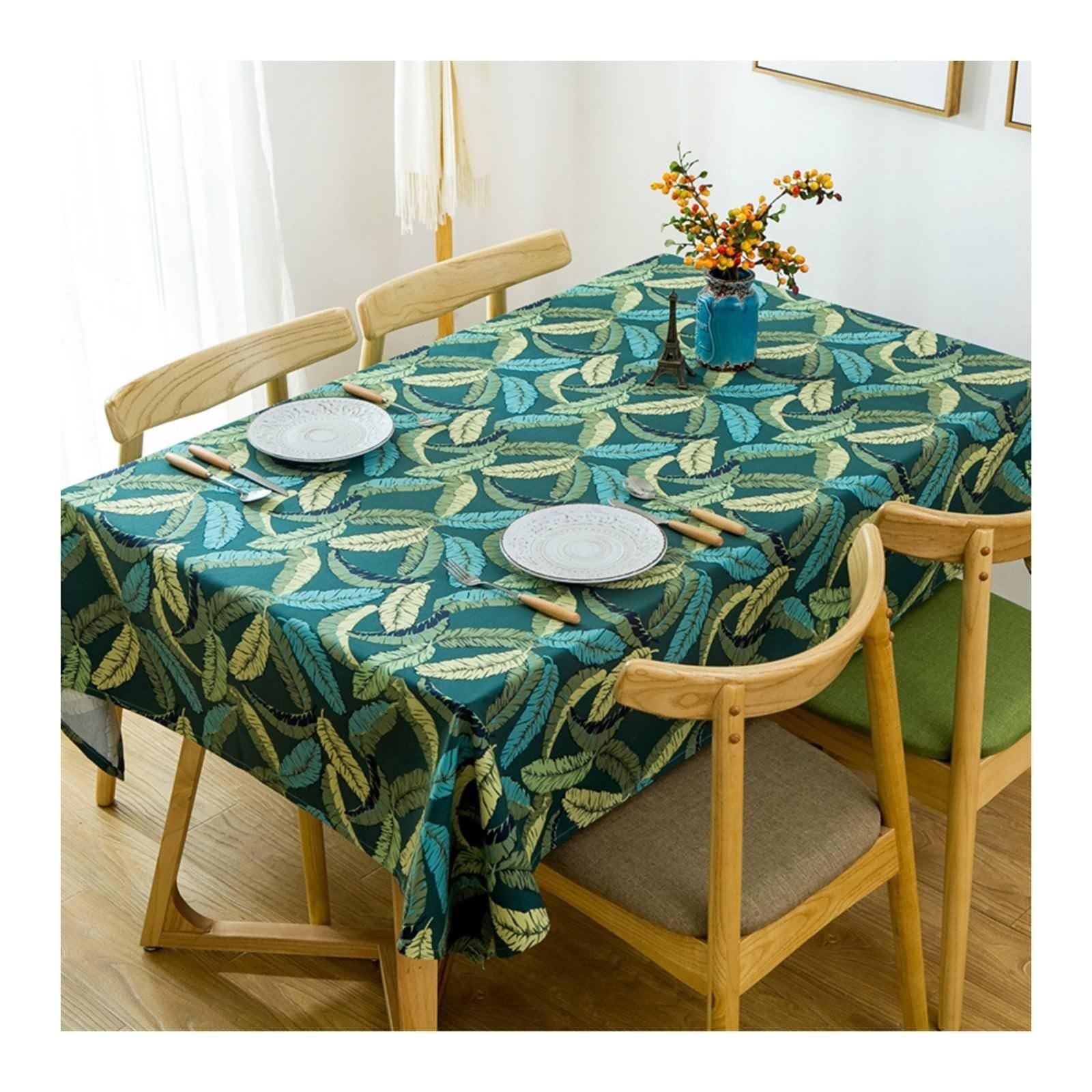 Mantel de cocina de algodón rectangular, mantel de mesa verde estampado con plumas decorativas, 140 x 160 cm, para cumpleaños, fiestas y bodas