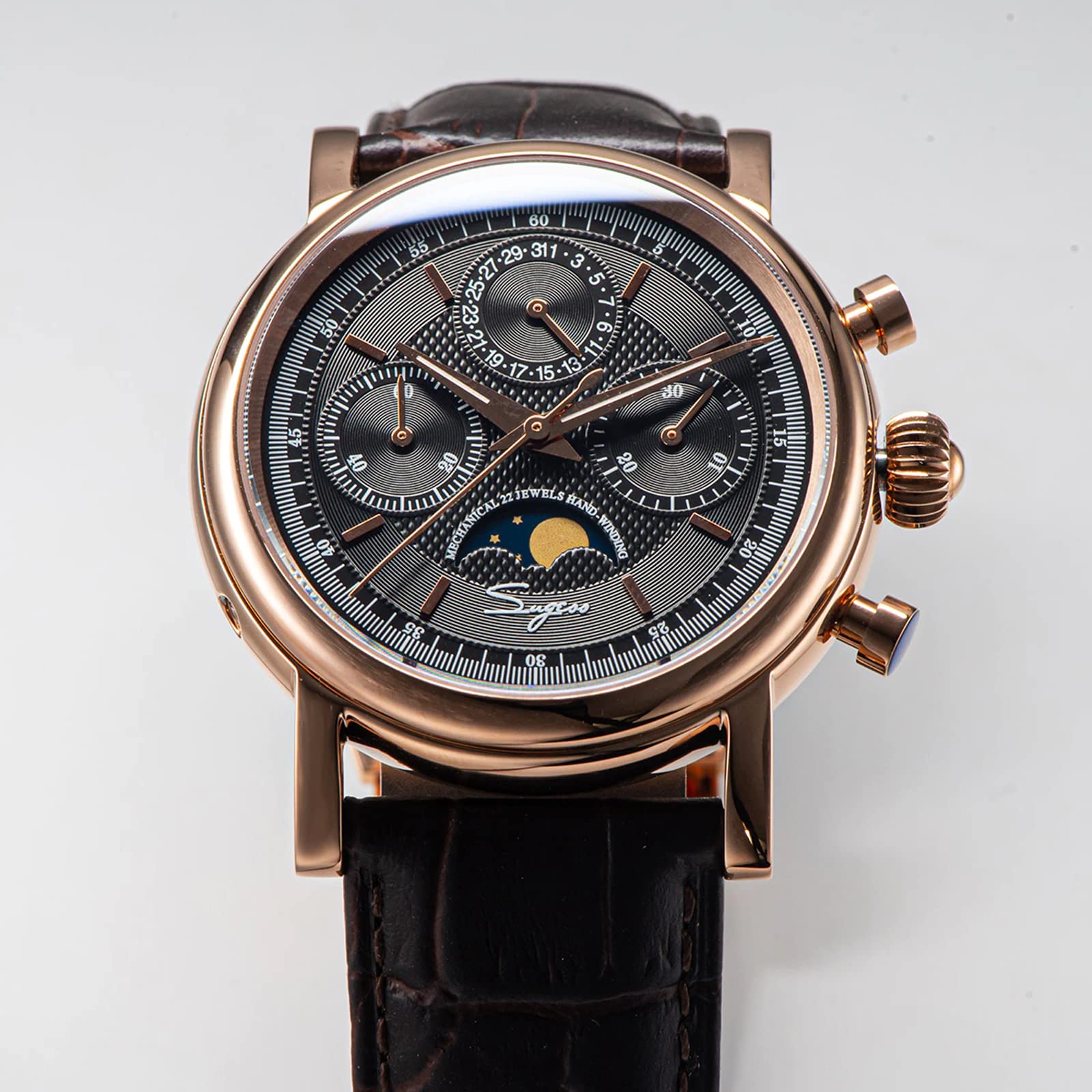 Sugess SU1908GZ Gold SWAN Neck MoonPhase Master Seagull ST1908 Uhrwerk Saphirglas Herren Chronograph Mechanische Uhr 1963