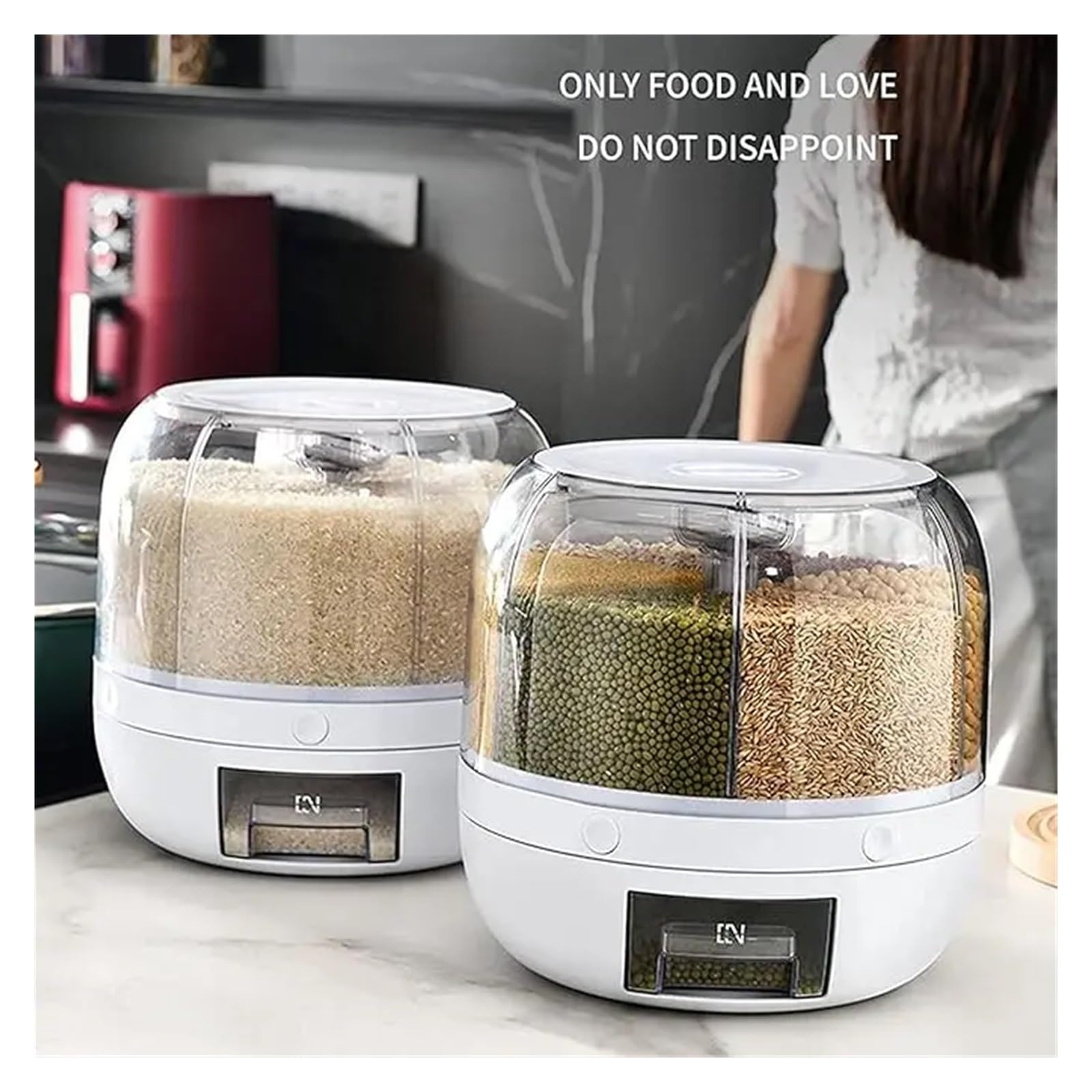 Contenedor dispensador de granos giratorio 360° de 6 compartimentos | Diseno de 6 compartimentos con salida de un toque, para arroz, granos y cereales secos, reutilizable