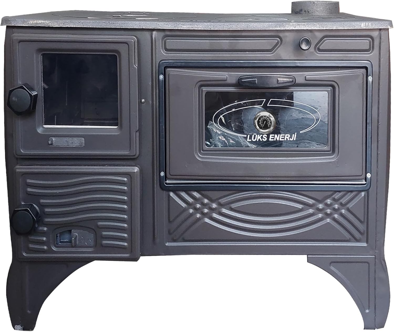 Black Cast Iron Oven, Durable Cast Iron Fireplace, Baking Cooker Oven for Warming, Made in Turkiye, Brick Lined Fireplace (Black with Glass)