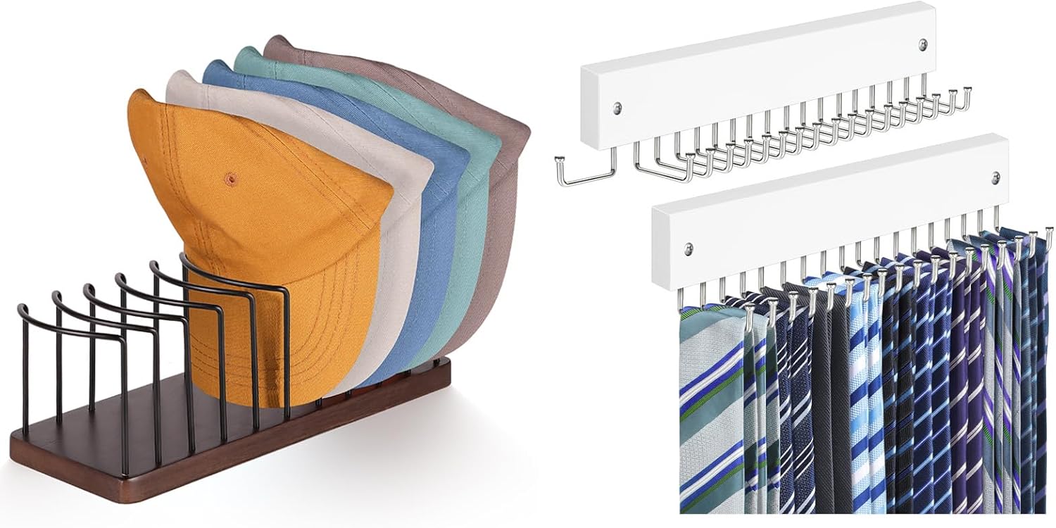 Tie Rack Belt Hanger Wall Mounted Rotating Tie Organizer for Men Closet White 2 Pack, Hat Storage Organizer for Baseball Caps Wooden Tabletop Hat Rack Stand Brown 1 Pack