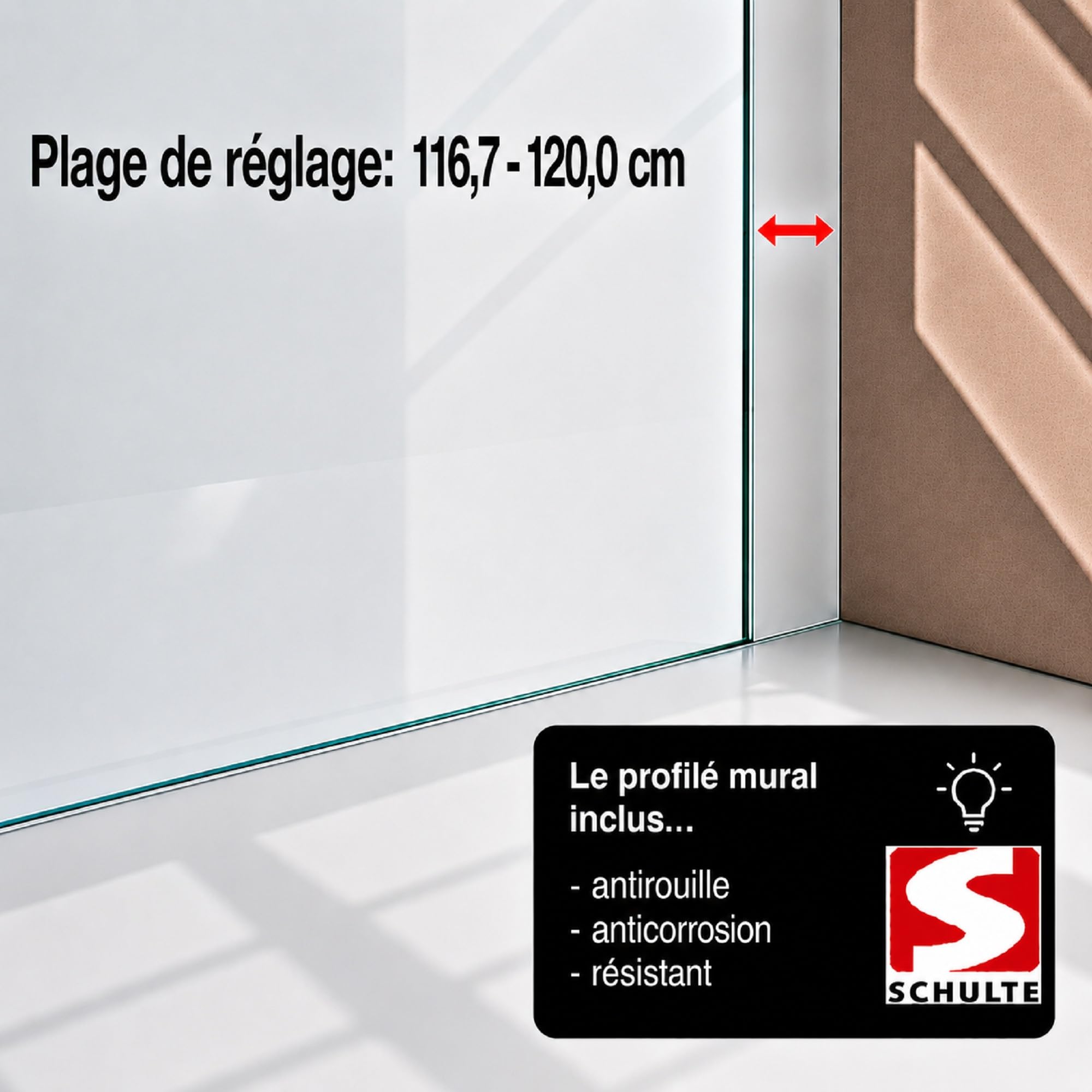 Schulte paroi douche italienne 120x190 chromé barre 122 cm, réversible 6mm | verre trempé barre recoupable plage de réglage 116.7-120.0 cm