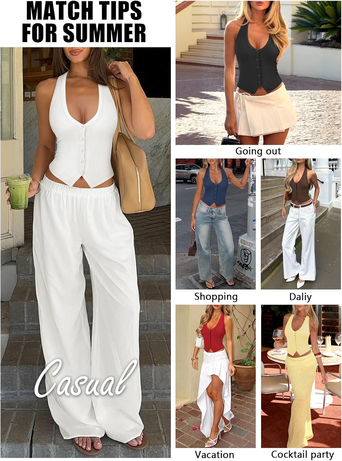 Womens Button Down Tank Top for Women Ribbed Button Up Halter Fitted Vest Summer Sexy Trendy Cute Crop Going Out Tops - Image 6