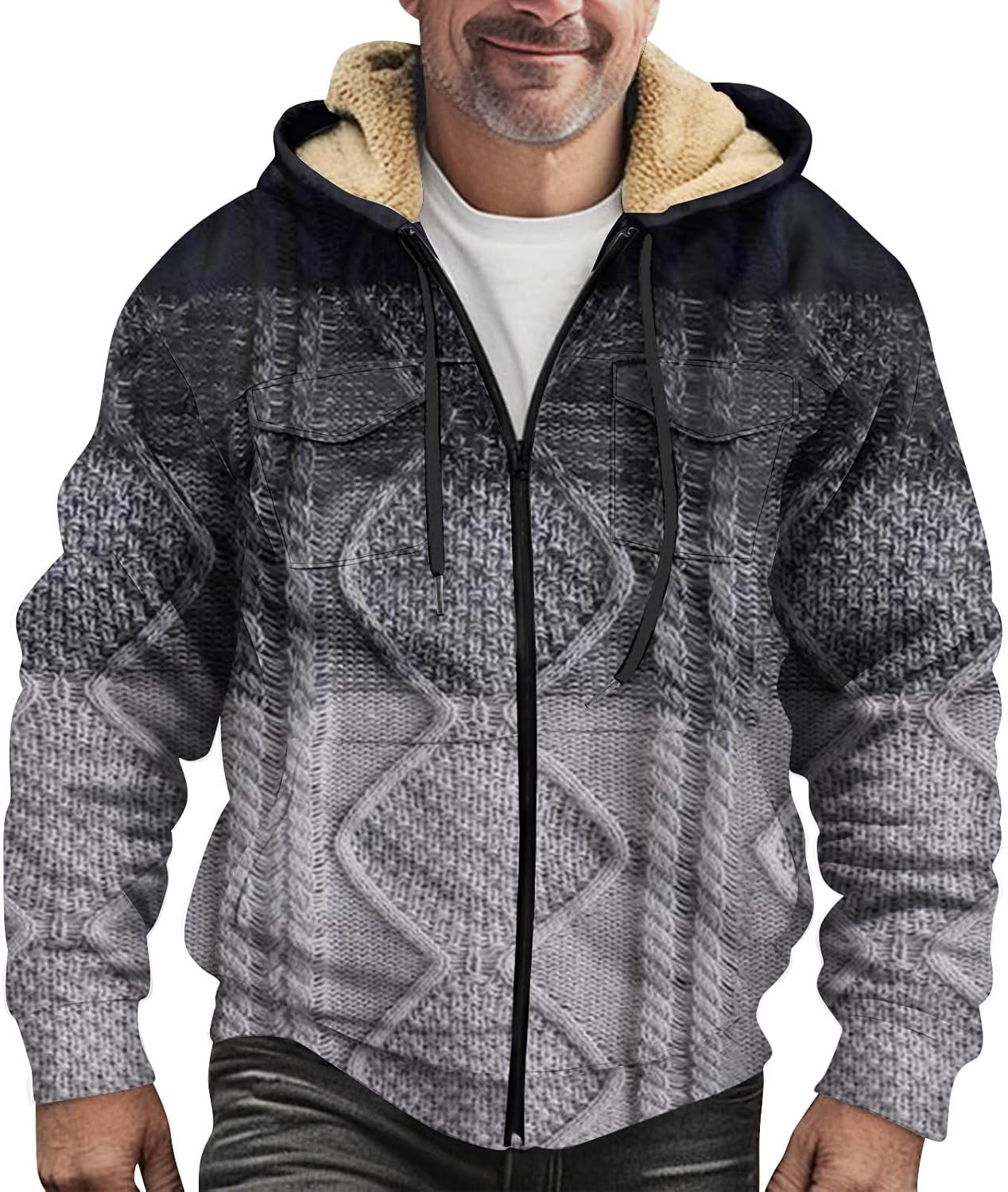 Hoodie Men Western Full Zip Up Hooded Sweatshirts Fleece Lined Striped Jackets Streetwear Fall Sweatshirts With Pocket