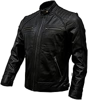 Vista 4 de Chaqueta de motociclista de cuero genuino para hombre, color negro, vintage marrón envejecido de piel de cordero para hombre