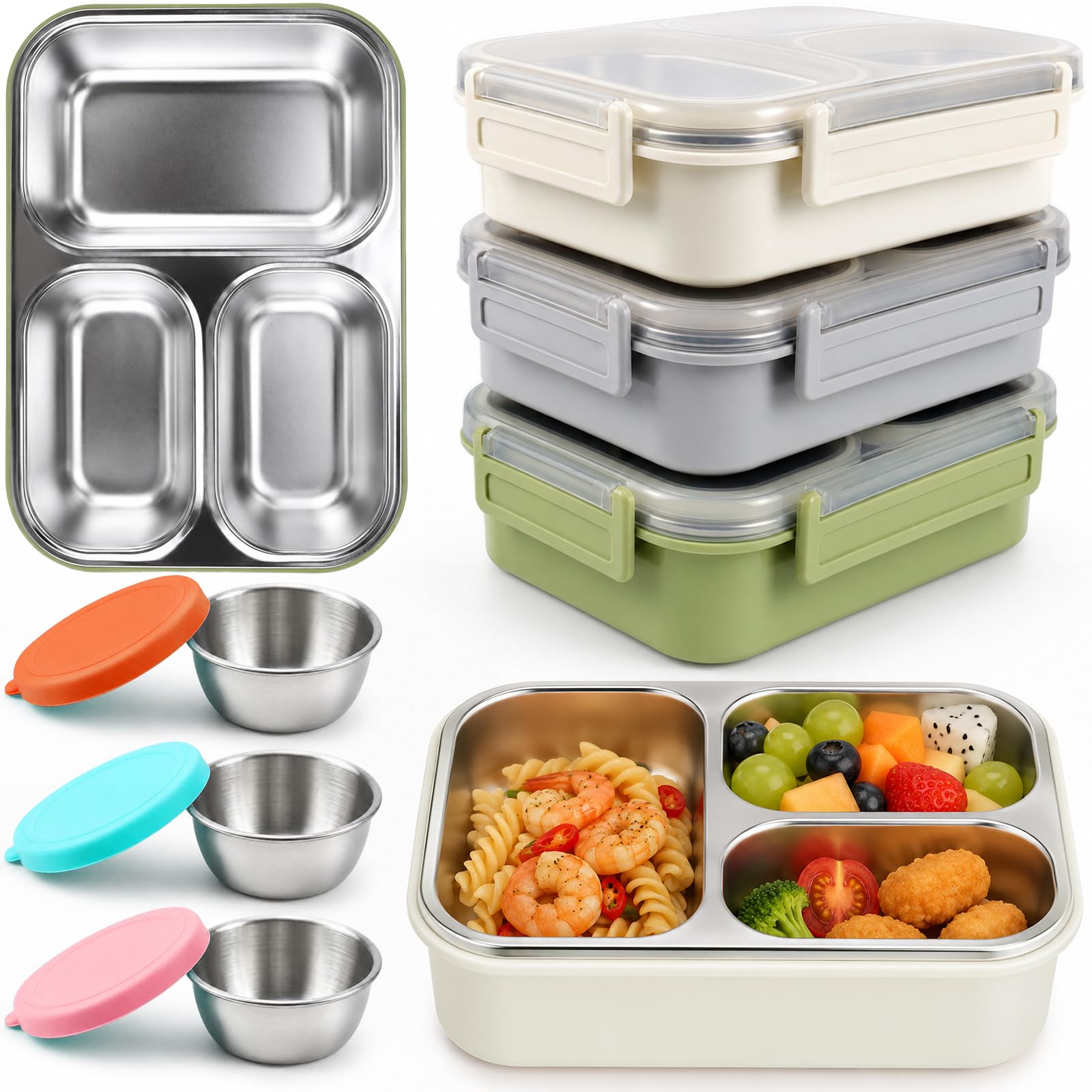 Lot de 3 boîtes à déjeuner Bento en acier inoxydable de 700 ml, 3