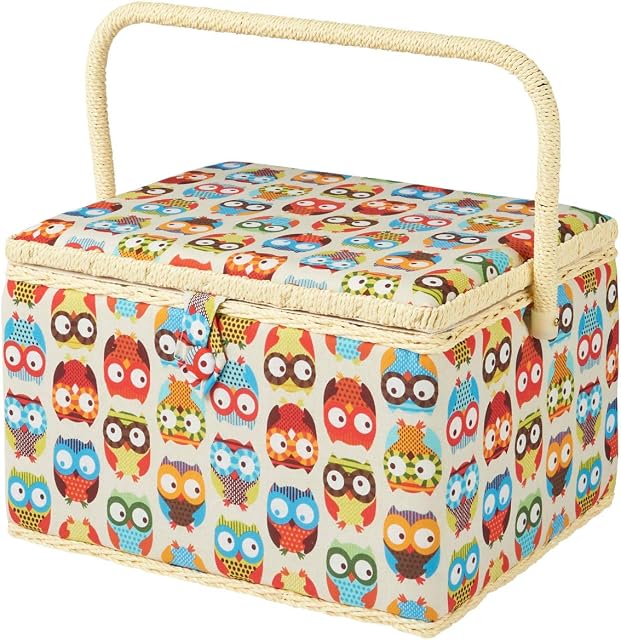 Large Sewing Box, Multi-coloured Owl Pattern Printed Fabric, 32 x 25 x 20cm