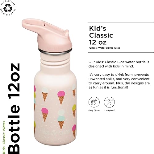 Miniatura 2 de Klean Kanteen Botella de agua clásica para niños de 12 onzas con tapa deportiva y popote de sello abatible, tapa 100% a prueba de fugas, material de