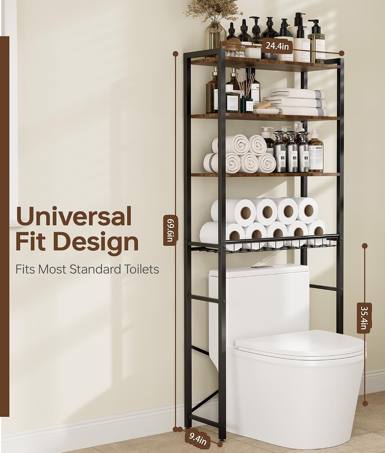 4-Tier Over-the-Toilet Storage Rack with One-Piece Wooden Shelves & Open Net Basket, Bathroom Organizer with Adjustable Feet & Anti-Tip Kit, Space-Saving Toilet Shelf, Brown, 24.4" x 9.4" x 69.6"