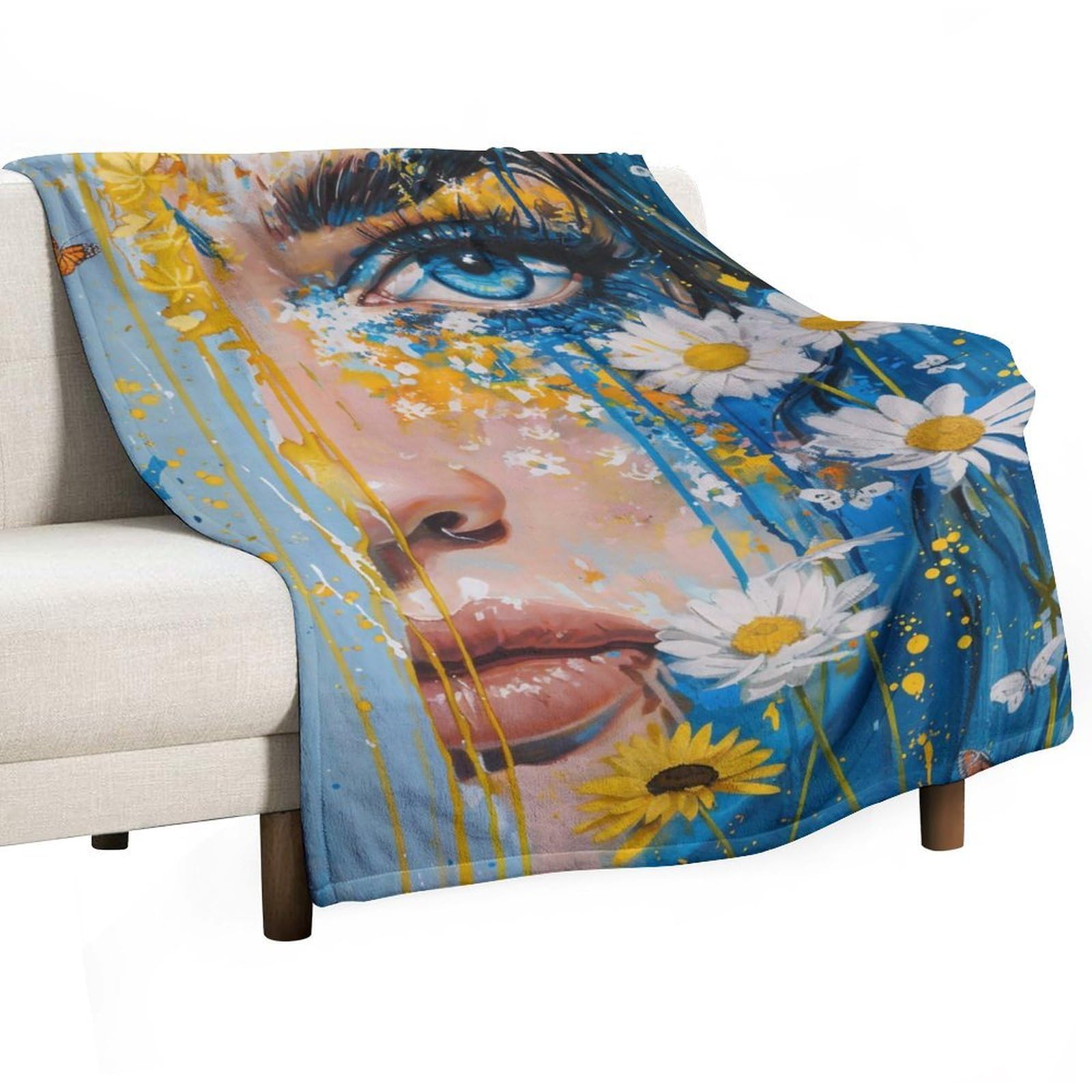 YHGSREUOH Blue Eye Floral Butterfly Woman Surreal 01 Flannel Blankets Fleece Soft Throw Lightweight Plush Gifts for Couch, Bed, Cozy Sofa Plush, Chair, Lovers 130x175cm(50x70in)