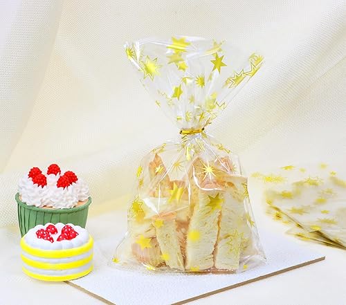 Miniatura 3 de Mini Skater Bolsas de celofán con estampado de estrellas doradas, de plástico transparente, para dulces, galletas, regalo, bolsas de polietileno con