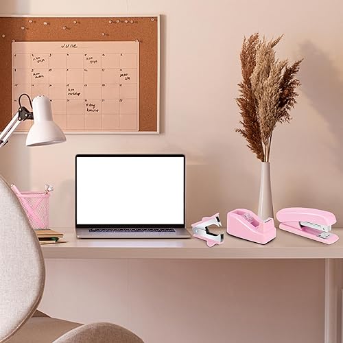 Miniatura 6 de auroray Suministros de oficina rosa 13 en 1, accesorios de escritorio rosa para mujer con grapadora, dispensador de cinta, 1000 grapas, soporte para