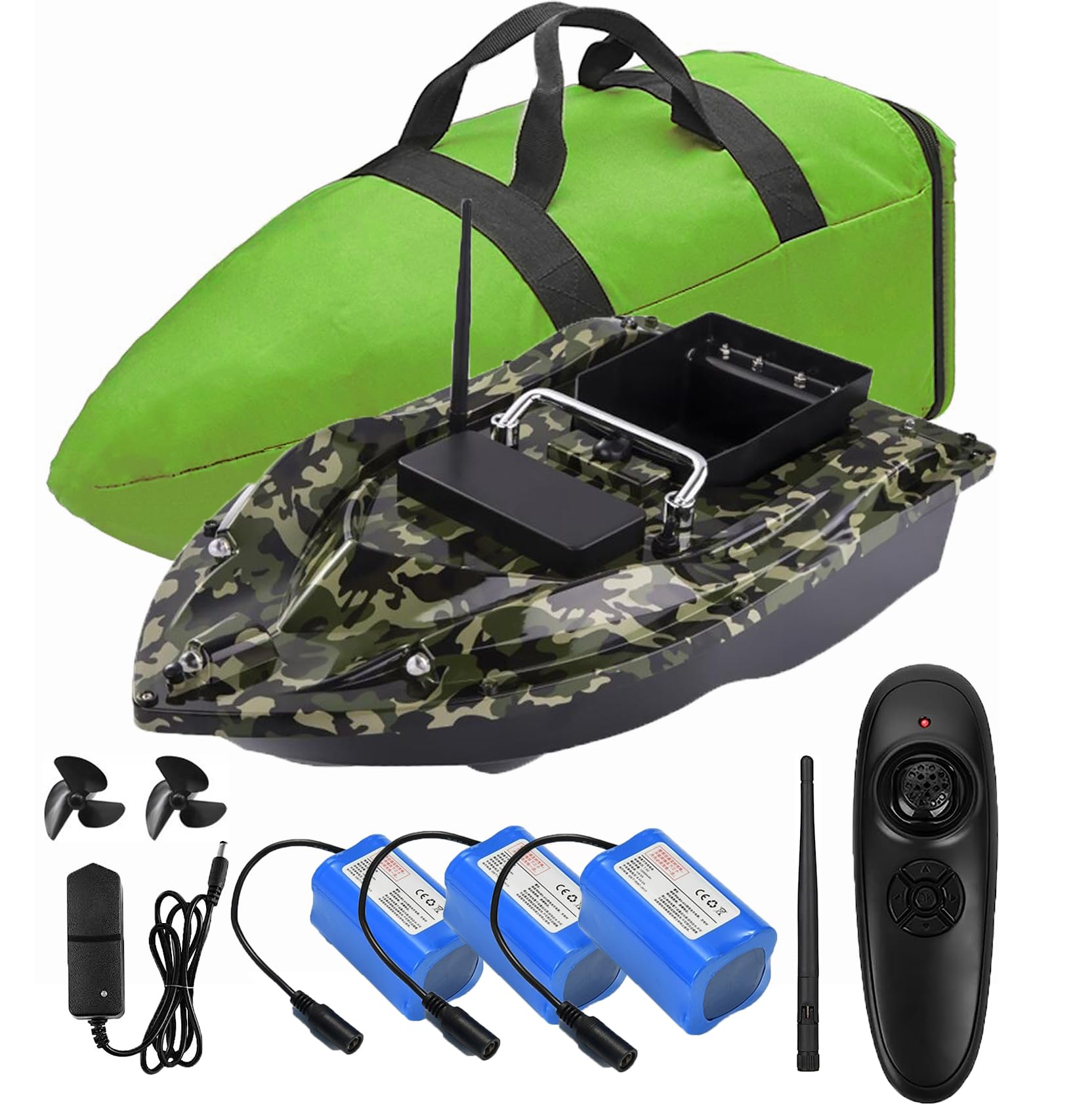 Barchino carpfishing Bait Boat, 12000mah Batterie di grande capacità Barca esca da pesca, 500m Telecomando, 1,5 kg di carico Hopper.wind e resistente alle onde, con borsa. Dare antenne, eliche.QW