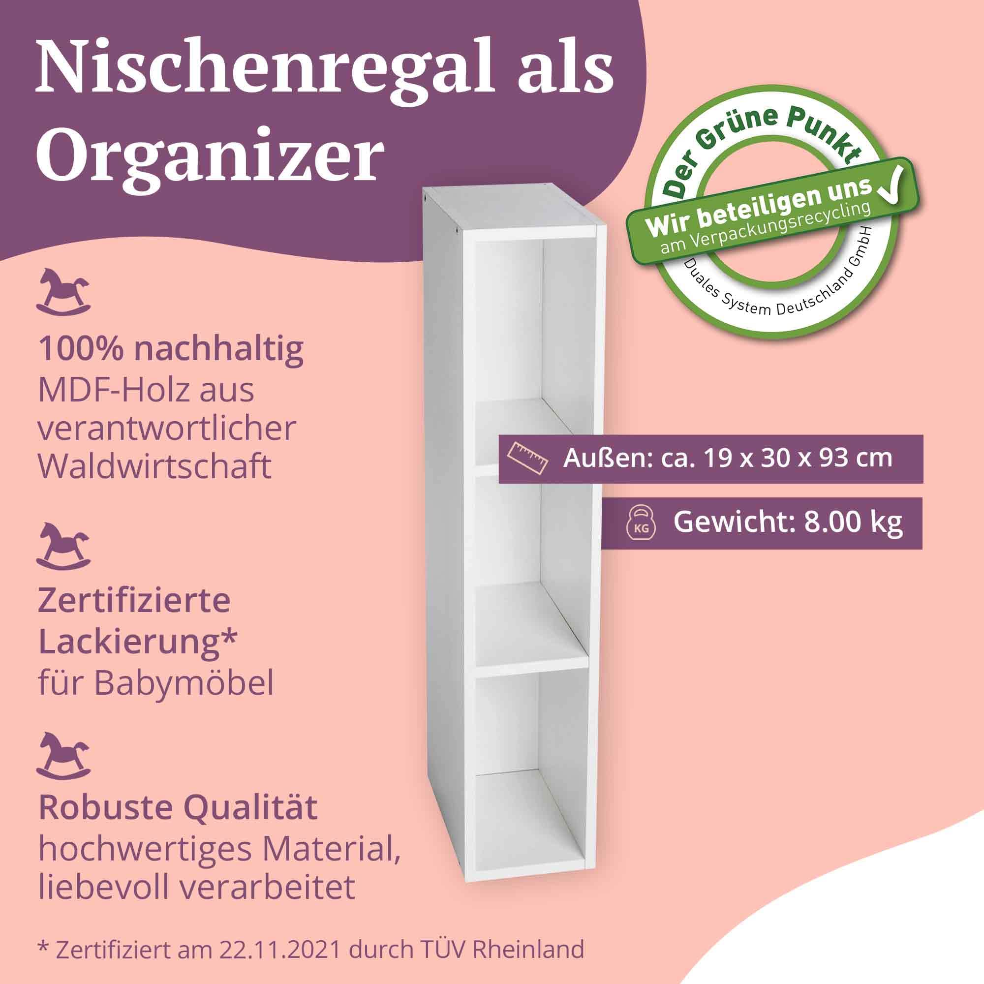 Ripiano Per Fasciatoio Puckdaddy - Legno Bianco, 19x30x97cm, Scaffale Divisorio Pratico E Funzionale - Foto 5