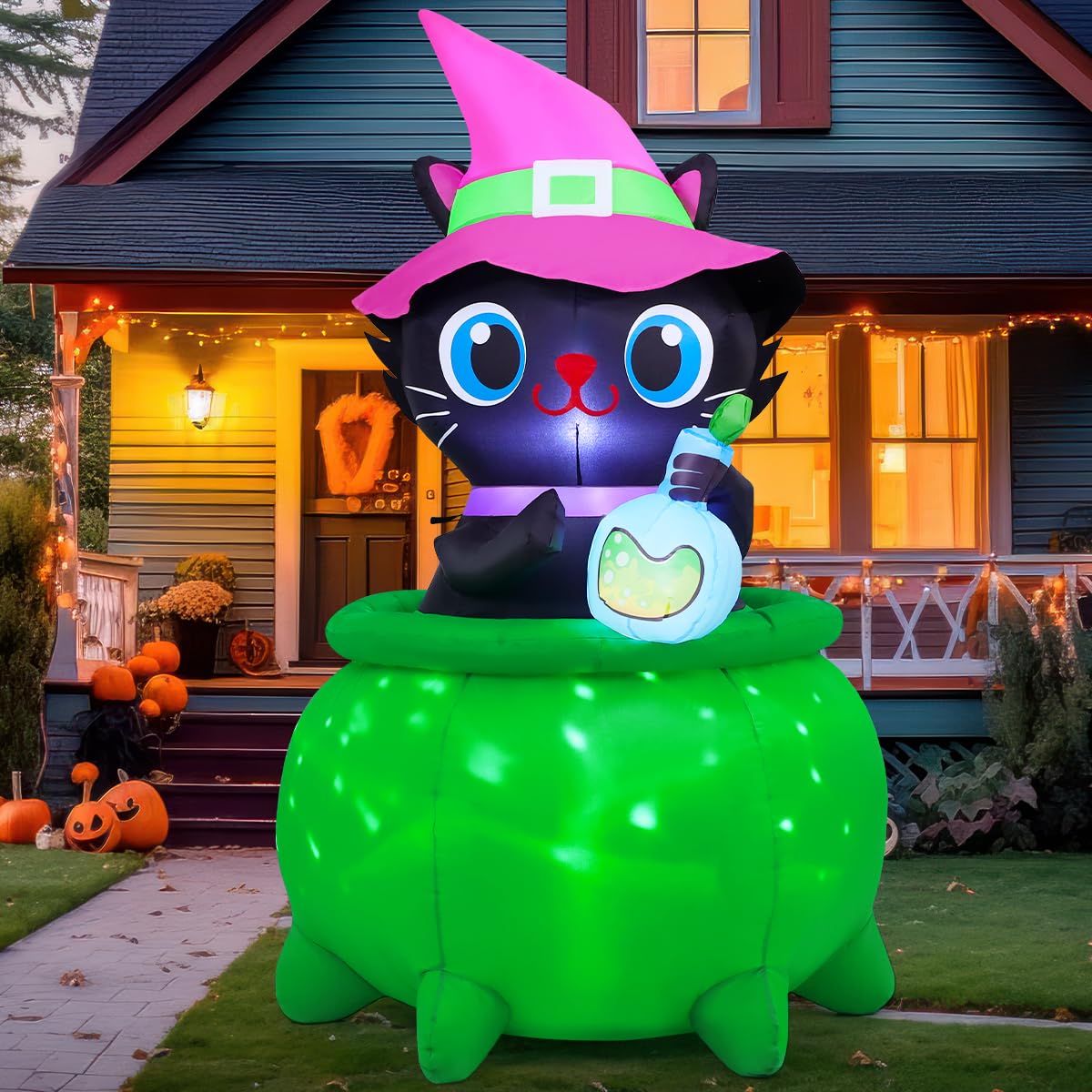 Chat gonflable d'Halloween géant chaudron magique et éclairage LED pour jardin