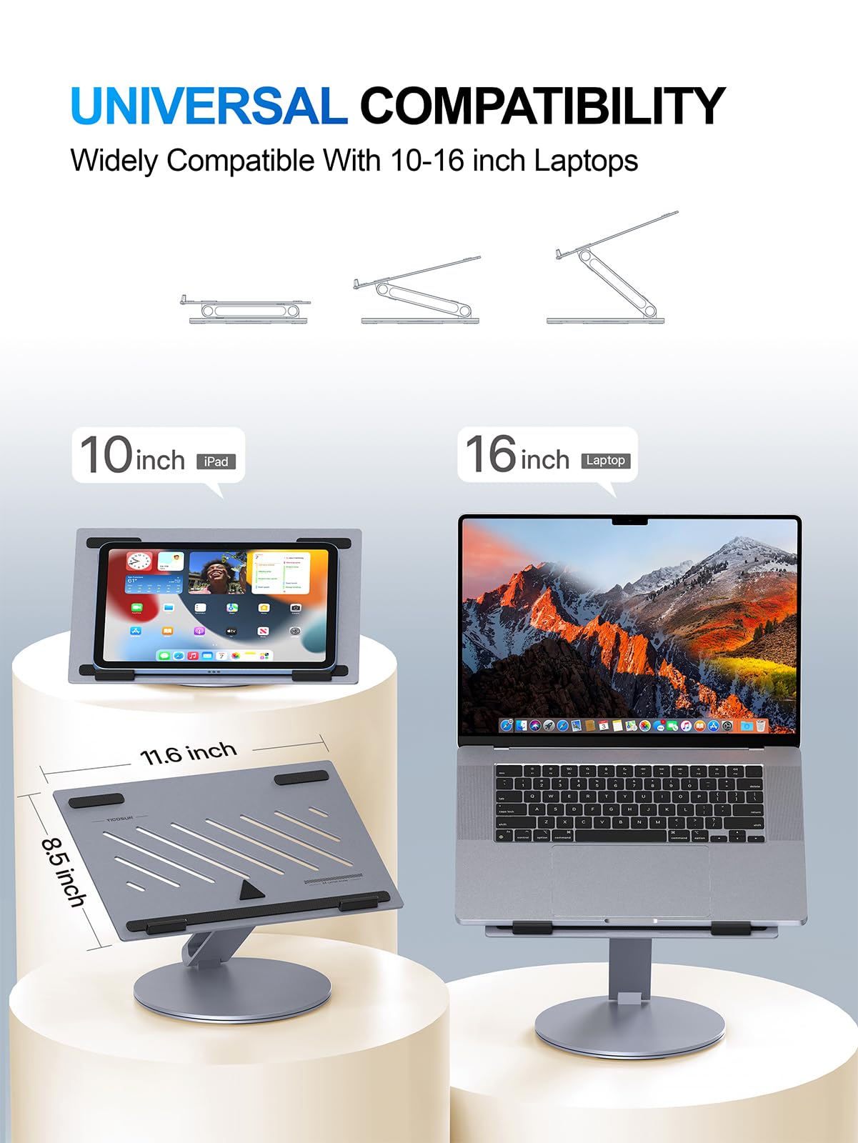 YICOSUN Supporto ergonomico girevole regolabile per computer portatile, supporto pieghevole in alluminio, supporto per notebook portatile, supporto per computer MacBook, Dell, Lenovo, HP, 10-16