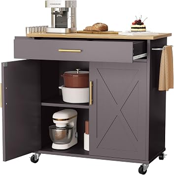 Kitchen Island with Storage, Rolling Island Table with Drop Leaf