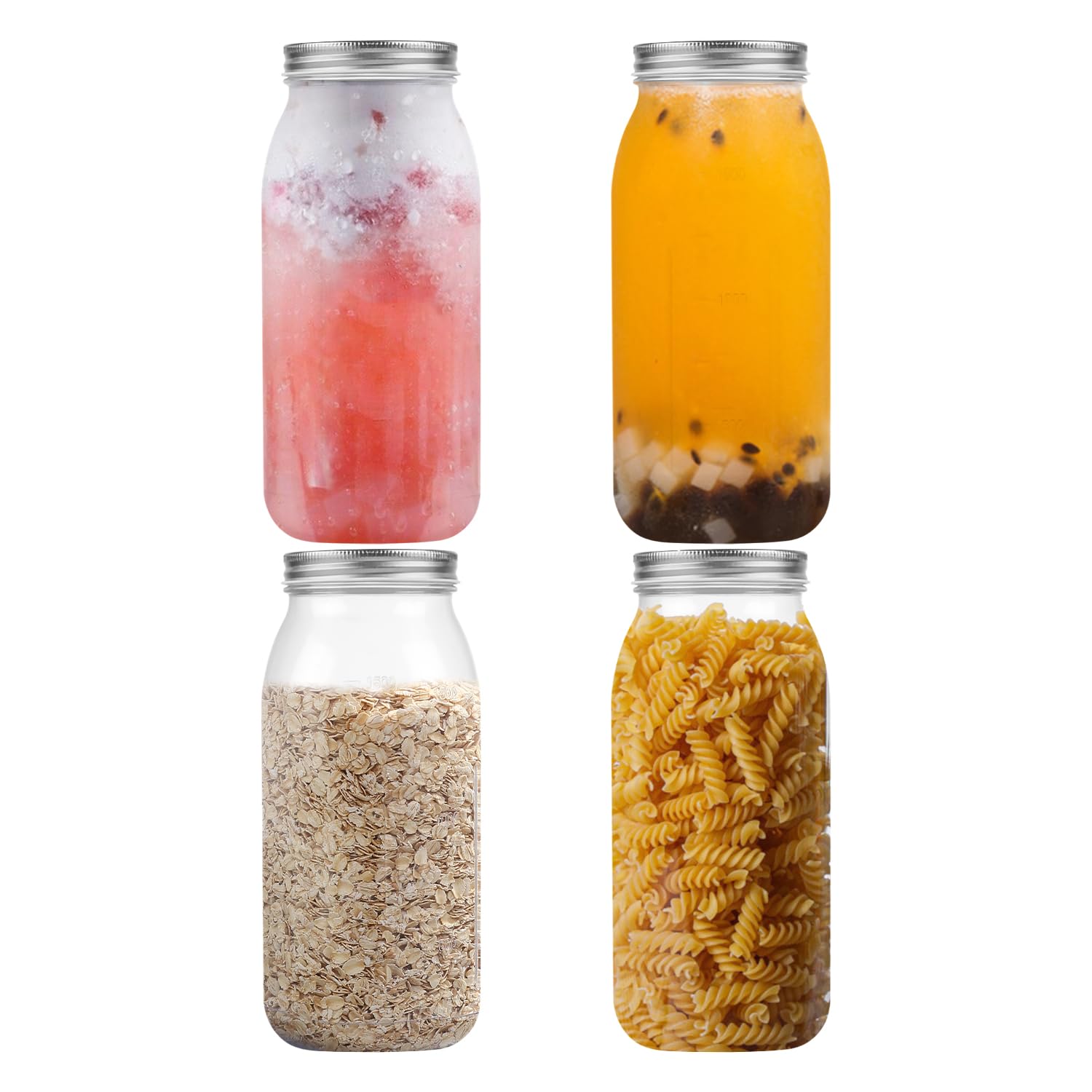Confezione da 4 barattoli in plastica argentata da 1,8 l, apertura larga con coperchio, barattoli grandi da 1,8 litri, barattoli per alimenti