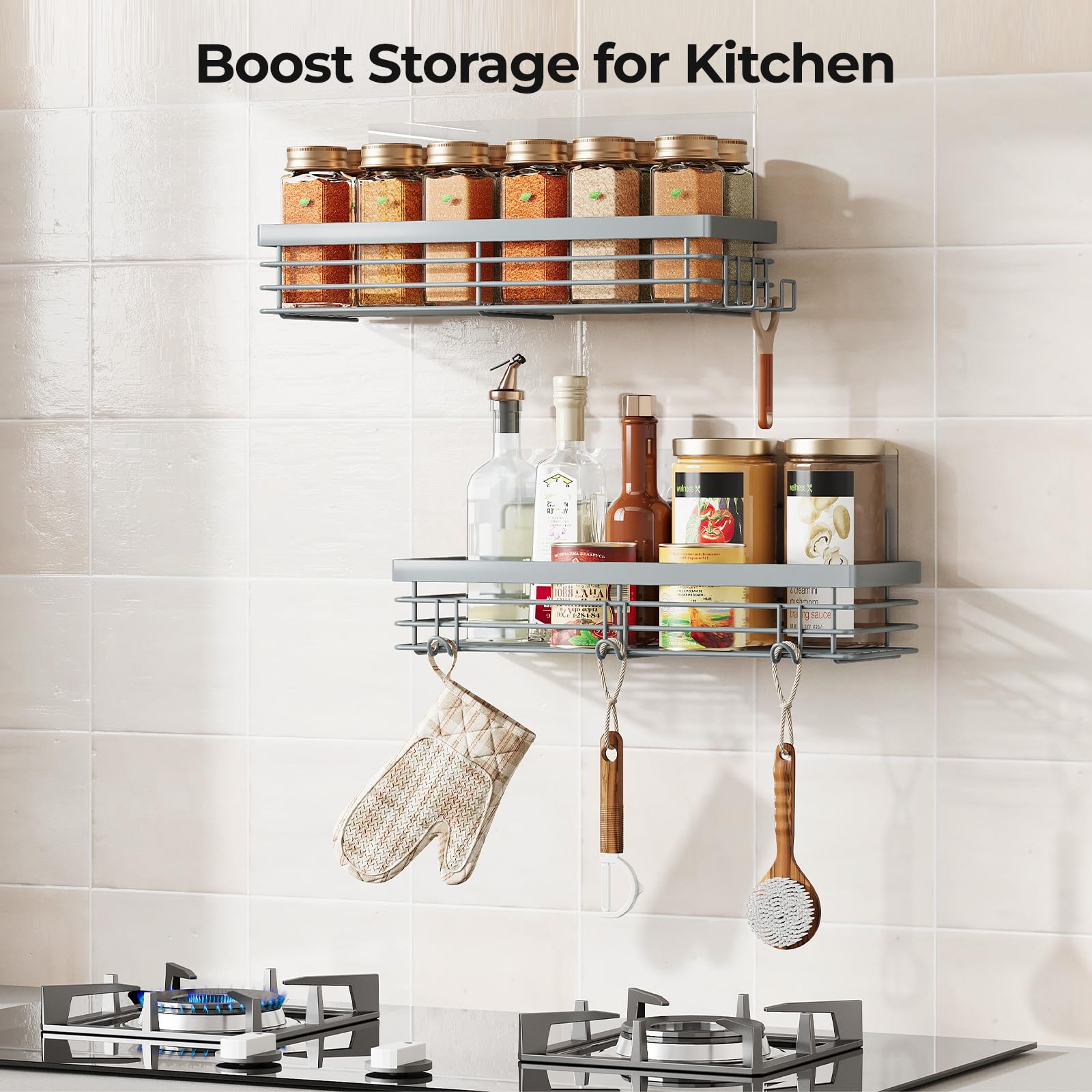 Orimade Portaoggetti da doccia con 5 ganci per appendere rasoio e spugna adesiva mensola doccia cestino portaoggetti da bagno organizer da cucina senza foratura, in acciaio inox, antiruggine,