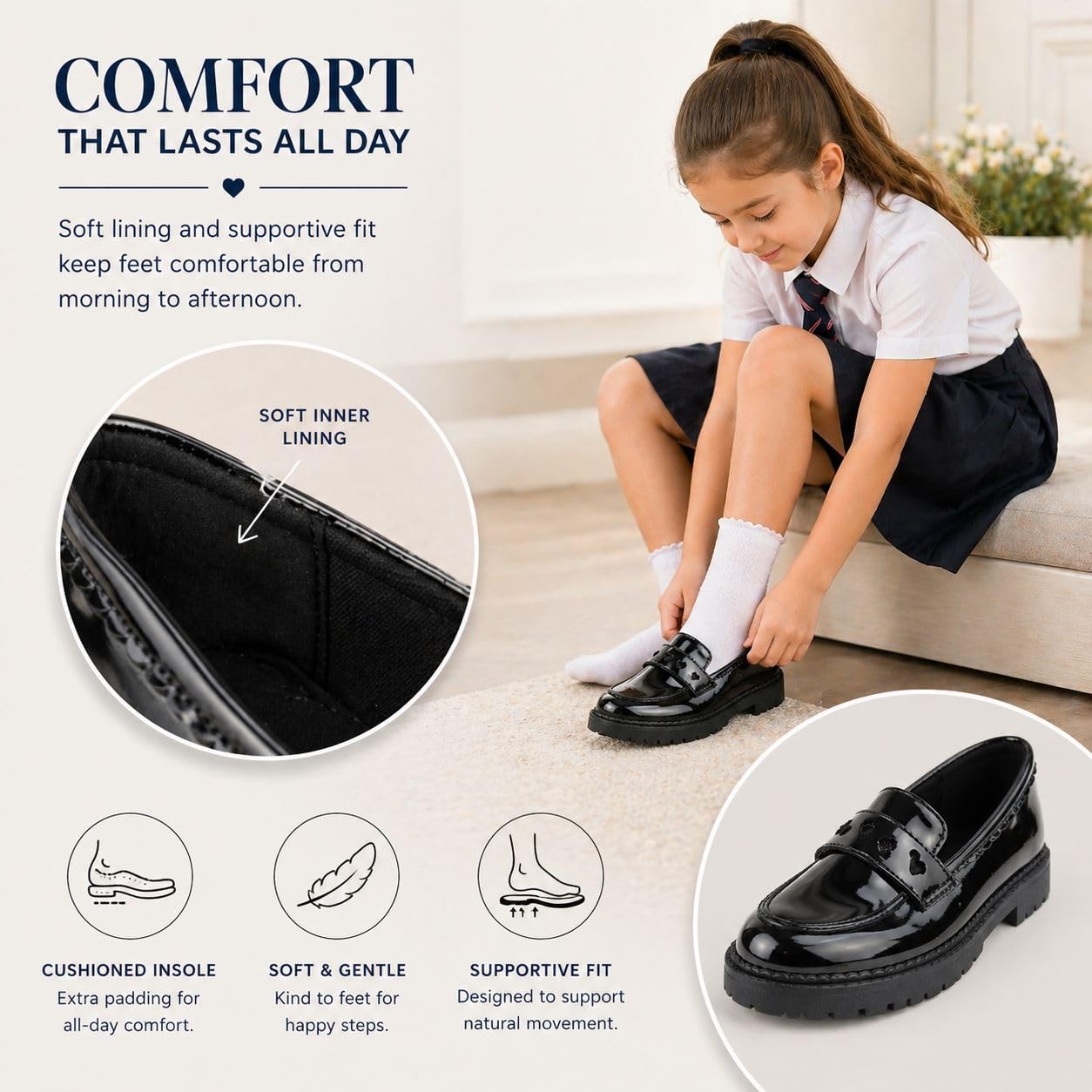 A2Z 4 Kids Mocassins pour filles - Noir - À enfiler - Bordure en forme de cœur - Semelle épaisse - Confortable - Durable - Pour la rentrée scolaire - Pointure 38 - Pour enfant à 36