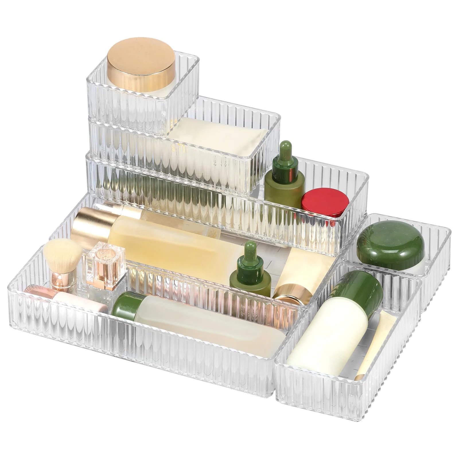 Makeup Drawer Organiser Storage Trays - 7pack Stackable Jewellery Drawer Organiser for Shallow & Deep Drawer, Plastic Clear Organisers with Vertical Texture for Kitchen Bathroom Vanity Office Desk