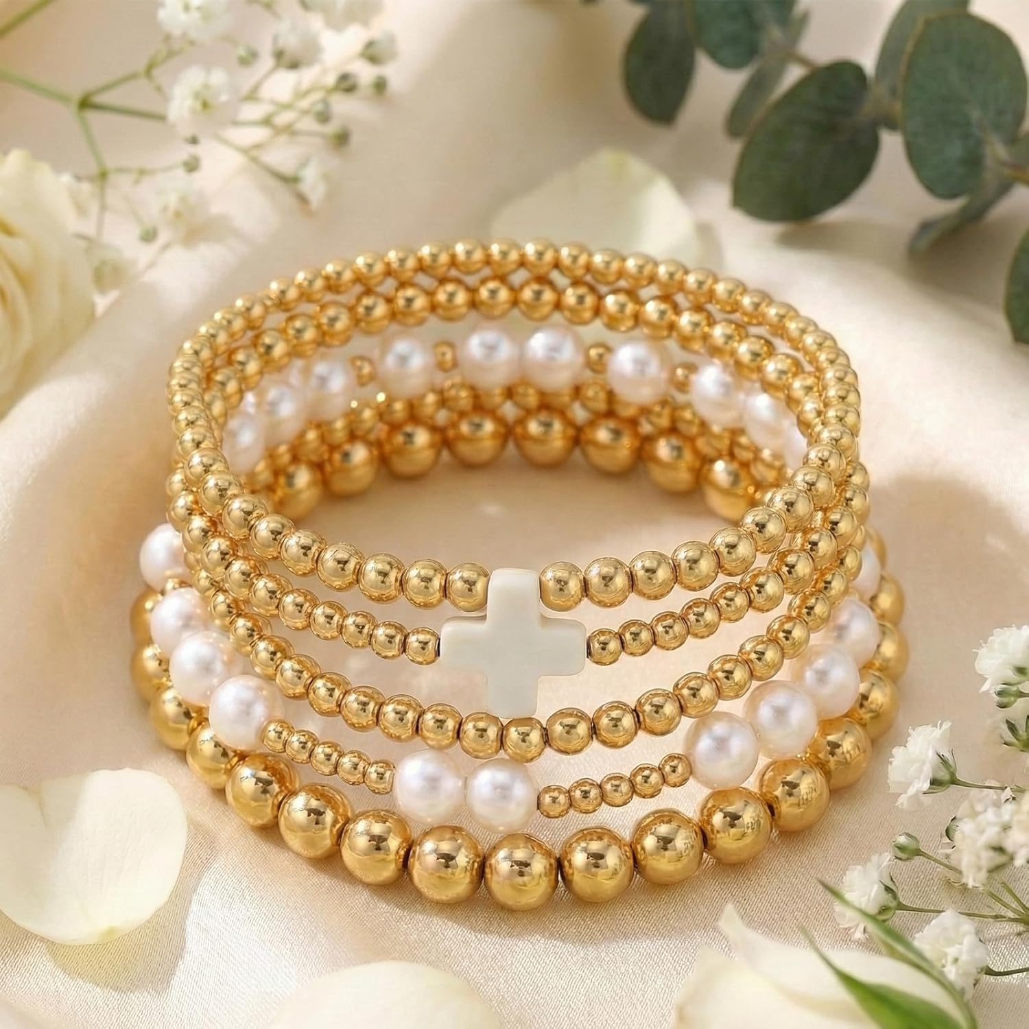 14K Gold Pearl Beaded Cross Bracelets Stack Set for Women,Stretch Boho Colorful Christian Beads Ball Jewelry Trendy Gift - Image 5