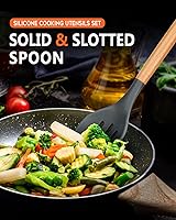 Vista 6 de Cucharas de cocina de silicona grandes, paquete de 2 cucharas antiadherentes con mango de madera maciza y ranurada, cucharas de cocina de silicona