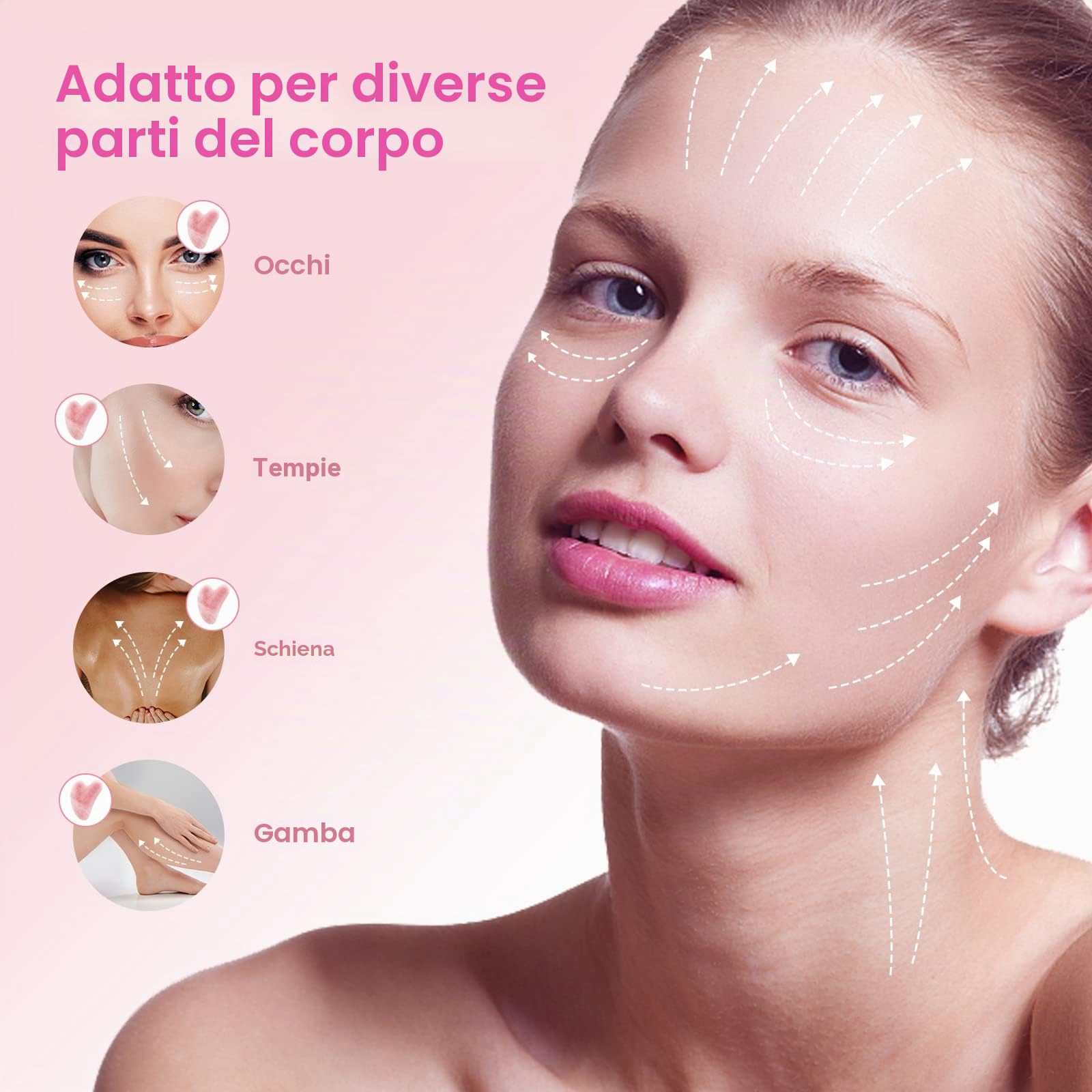 Gua Sha Pietre viso giada pietra a forma di cuore Guasha Board strumento di massaggio antigraffio per viso, occhi, collo per la cura della pelle (rosa)