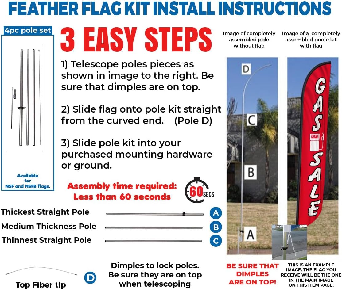 Gas Sale Advertising Feather Banner Swooper Flag Sign with 15' FT Pole Kit and Ground Stake
