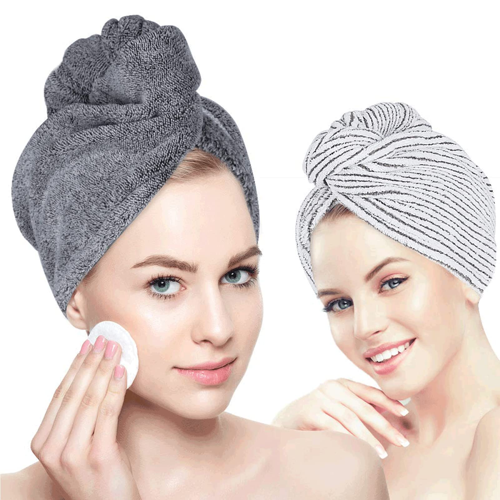LELE 2Pcs Microfiber Hair Towel Wrap for Women, Quick Drying Hair Turban for All Hair Style, Super Absorbent and Lightweight(Gray + White)