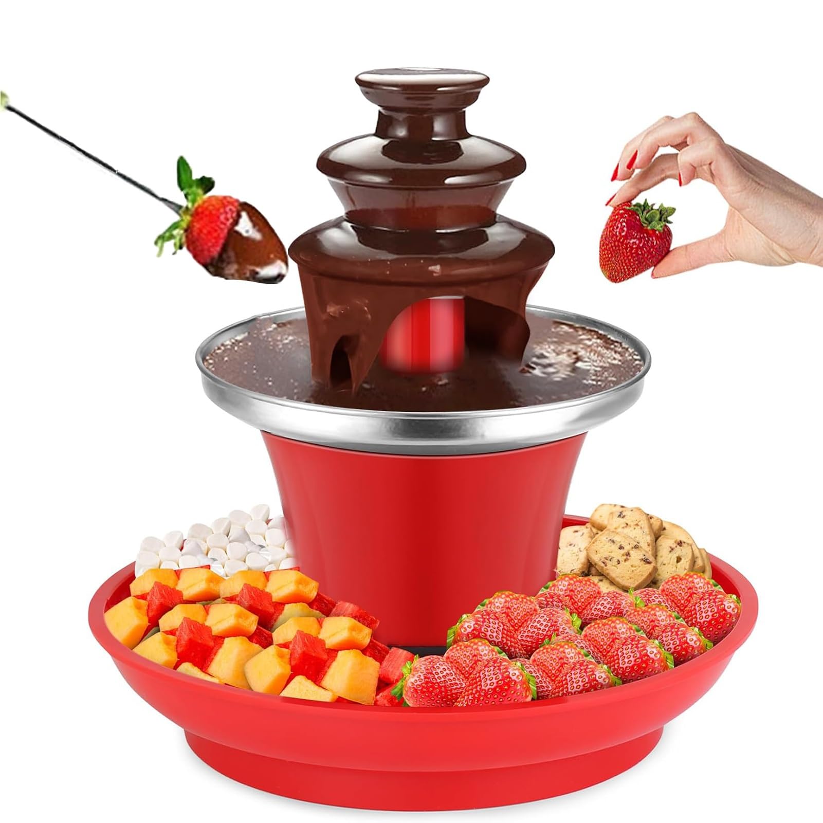 Mini fontanna czekoladowa do fondue ze zdejmowaną tacą na czekoladę mleczną | 3-poziomowa fontanna czekoladowa MINI, elektryczna fontanna czekoladowa ze stali nierdzewnej