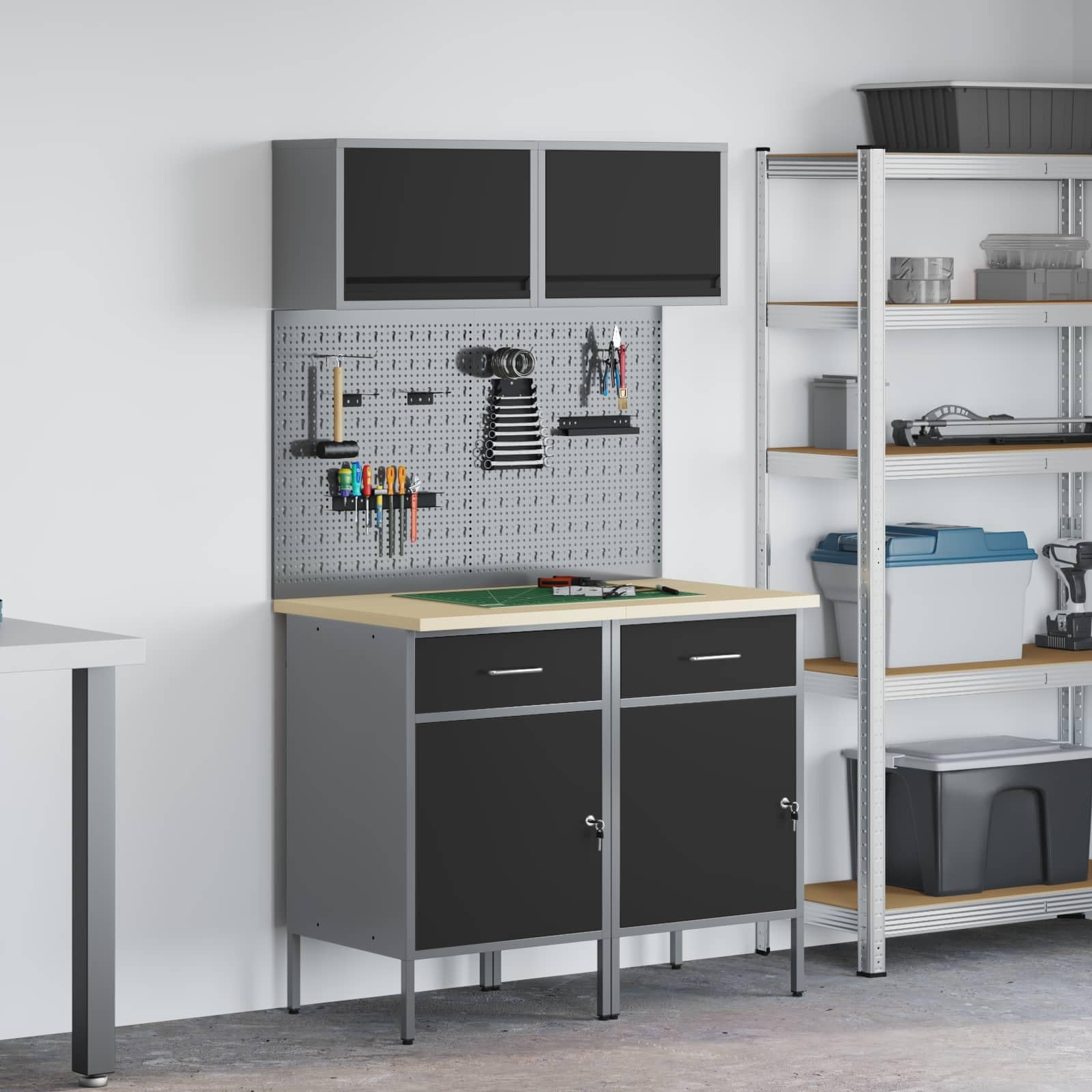 vidaXL Stół warsztatowy z szufladą 8 pcs Szary 100 x 55 x 200 cm Stal, Rozwiązania do przechowywania narzędzi, uchwyt na akcesoria, szafka z pojemnikami i półkami