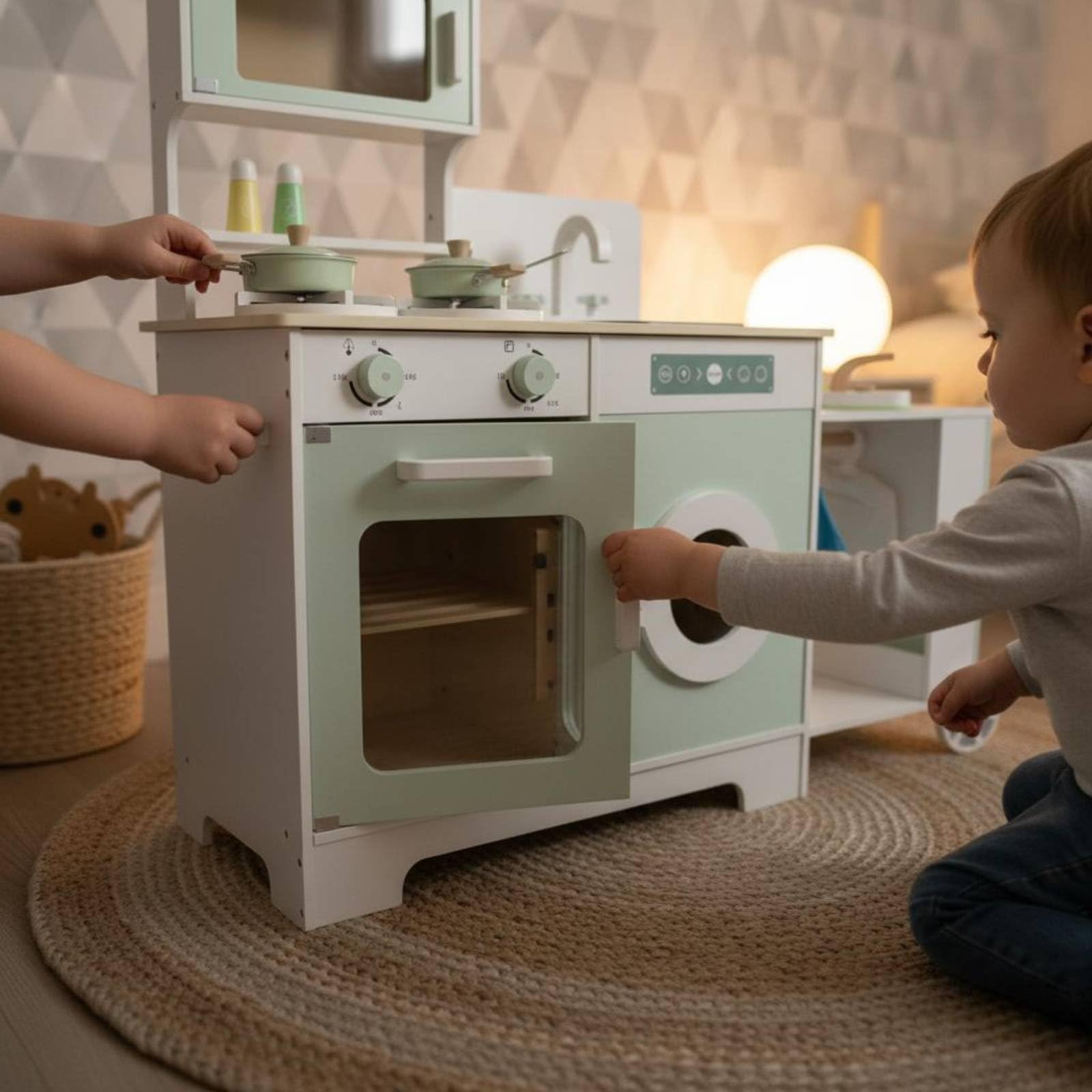Kinder Spielküche Holz Kinderküche Spielset Küche Spielzeug Kochen Spüle Herd Kühlschrank Mikrowelle Robuste Holzkonstruktion mit Kompaktem Aufbau