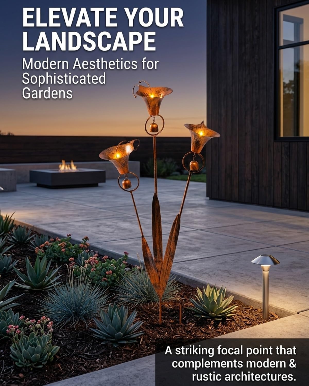 2026 Flammende Kupfer Drei Calla-Lilien Gartenstecker mit Glocken, Regenfänger Blume Handgefertigt 61cm Große Verspielte Metall Pflanzenskulptur Hof Kunst Dekor, Rustikales Windspiel Ornament Geschenk